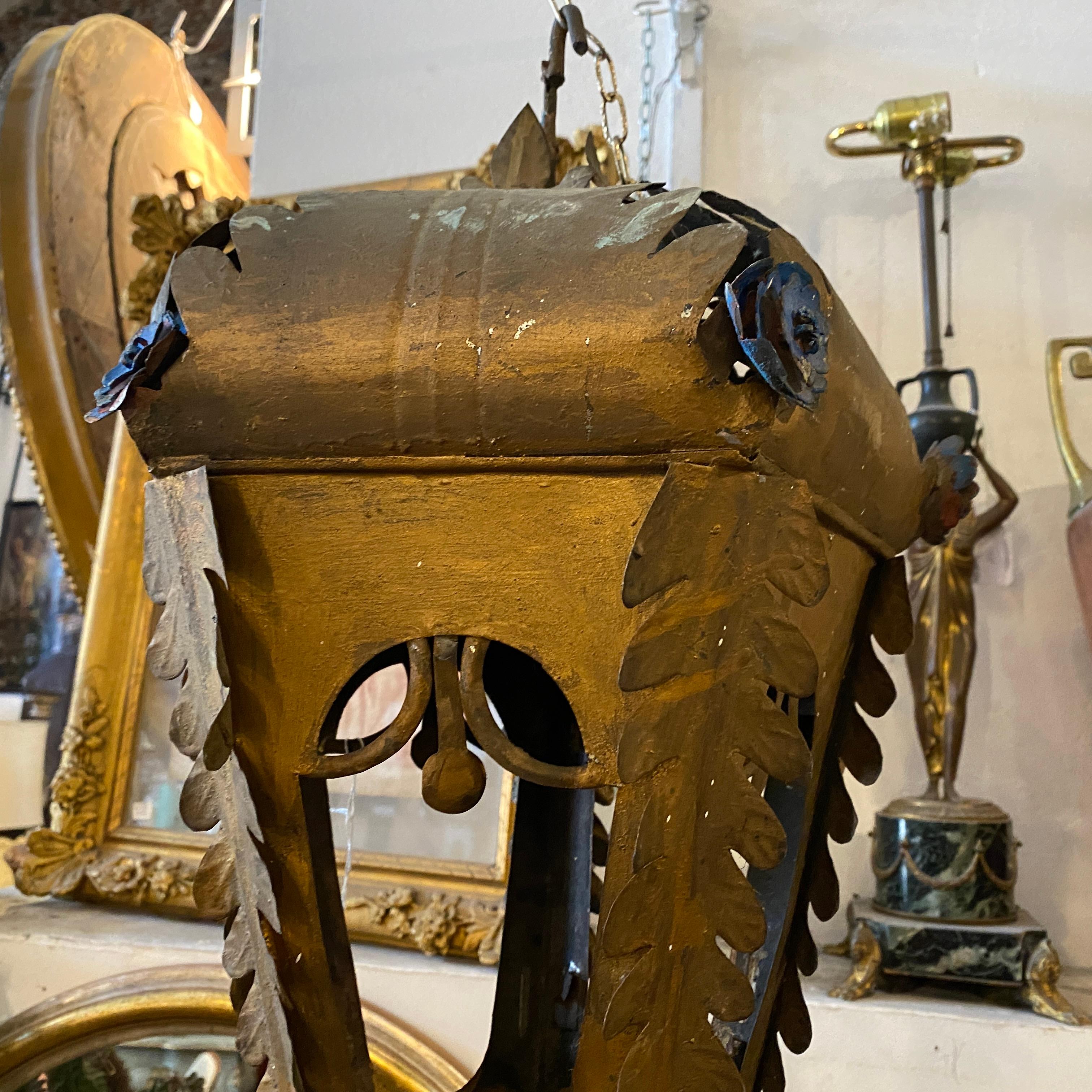 Italian 1900 Art Nouveau Gold and Blue Painted Iron Lantern For Sale