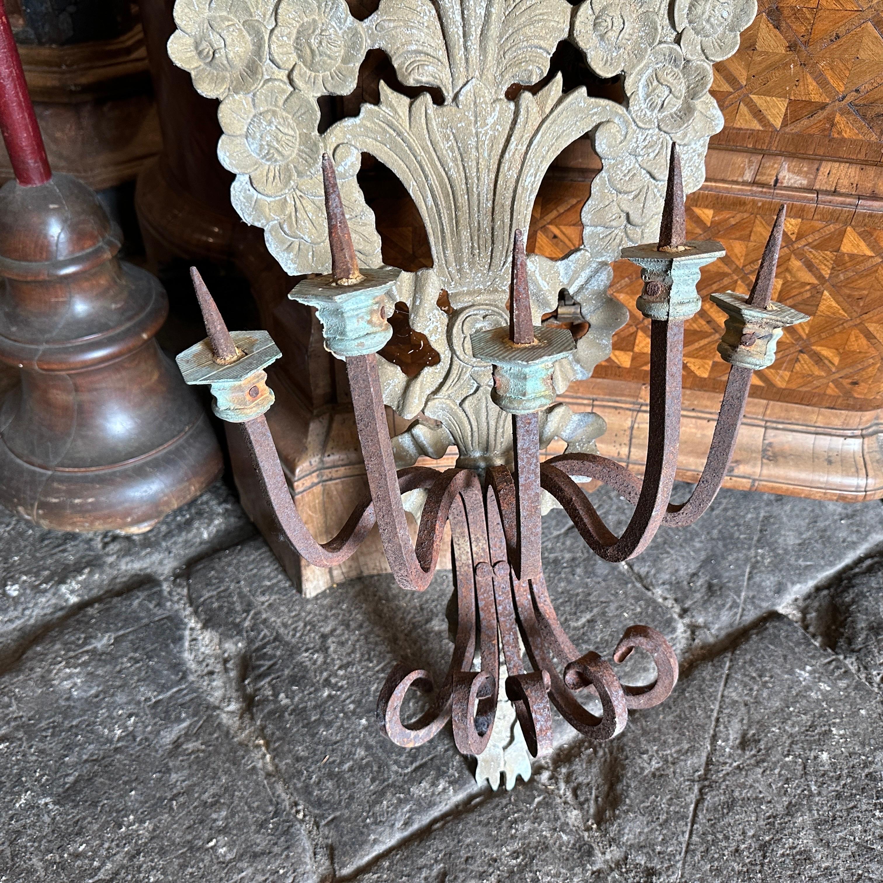 1900 Art Nouveau Iron and Wood Italian Chandelier Wall Sconce For Sale 5