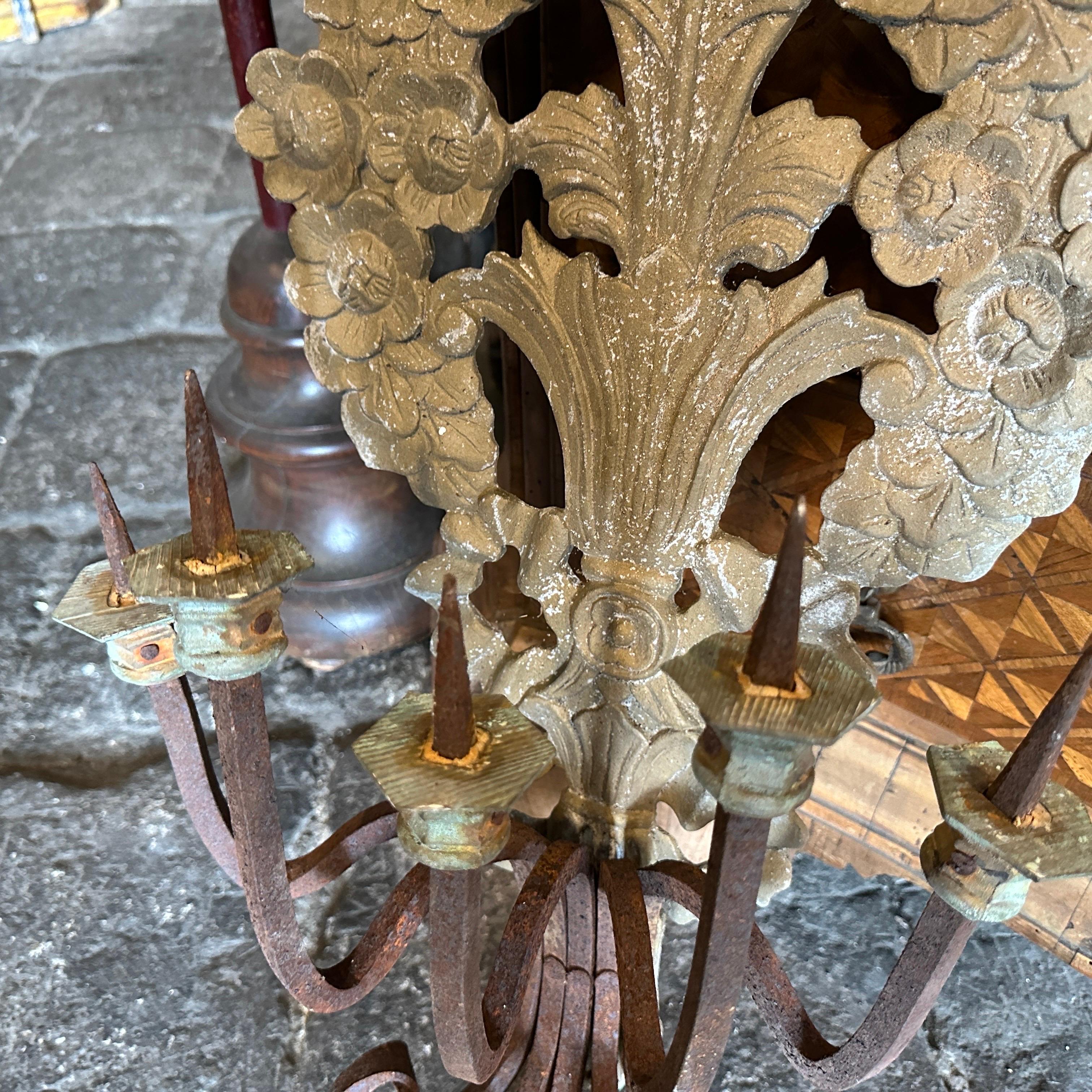 Hand-Crafted 1900 Art Nouveau Iron and Wood Italian Chandelier Wall Sconce For Sale