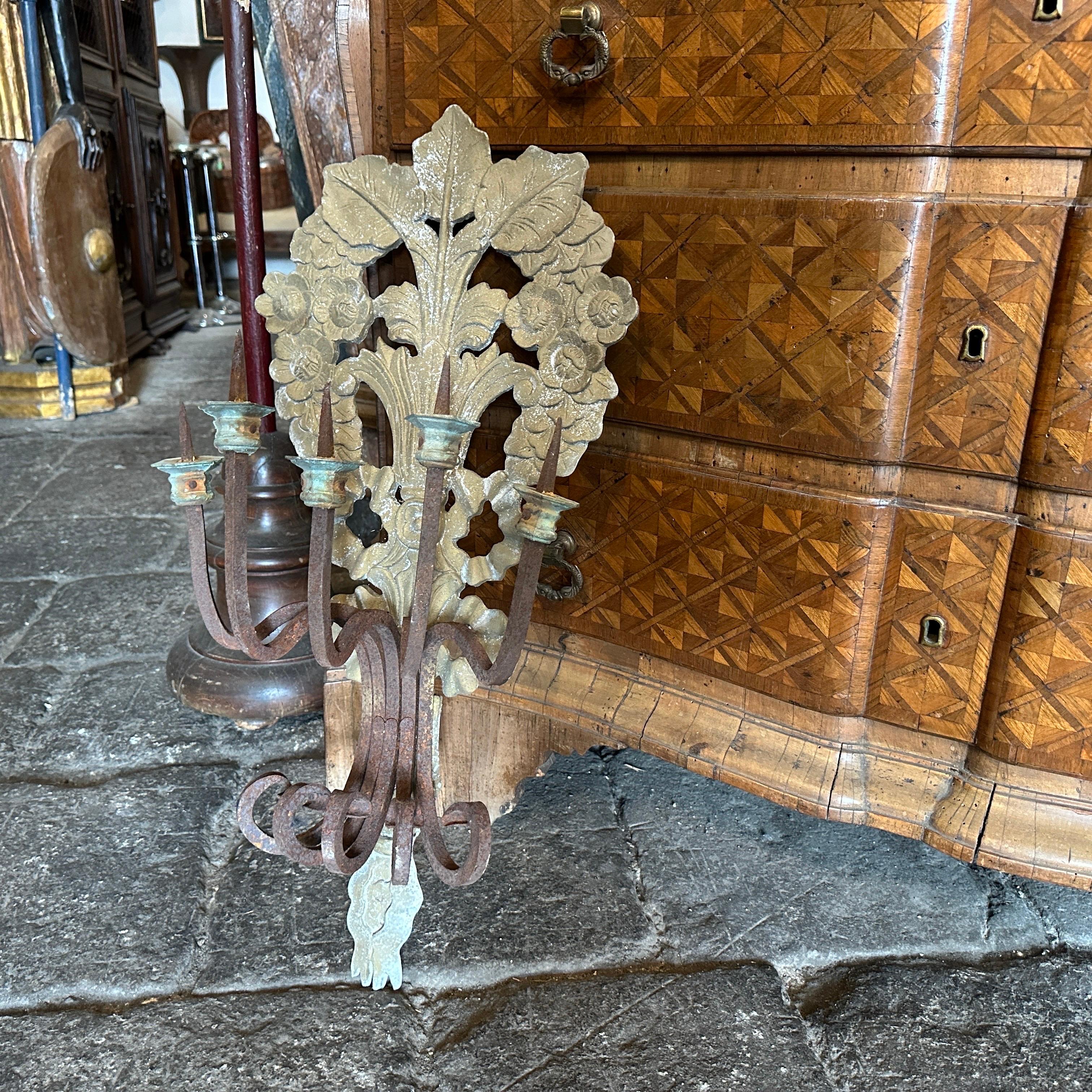 20th Century 1900 Art Nouveau Iron and Wood Italian Chandelier Wall Sconce For Sale