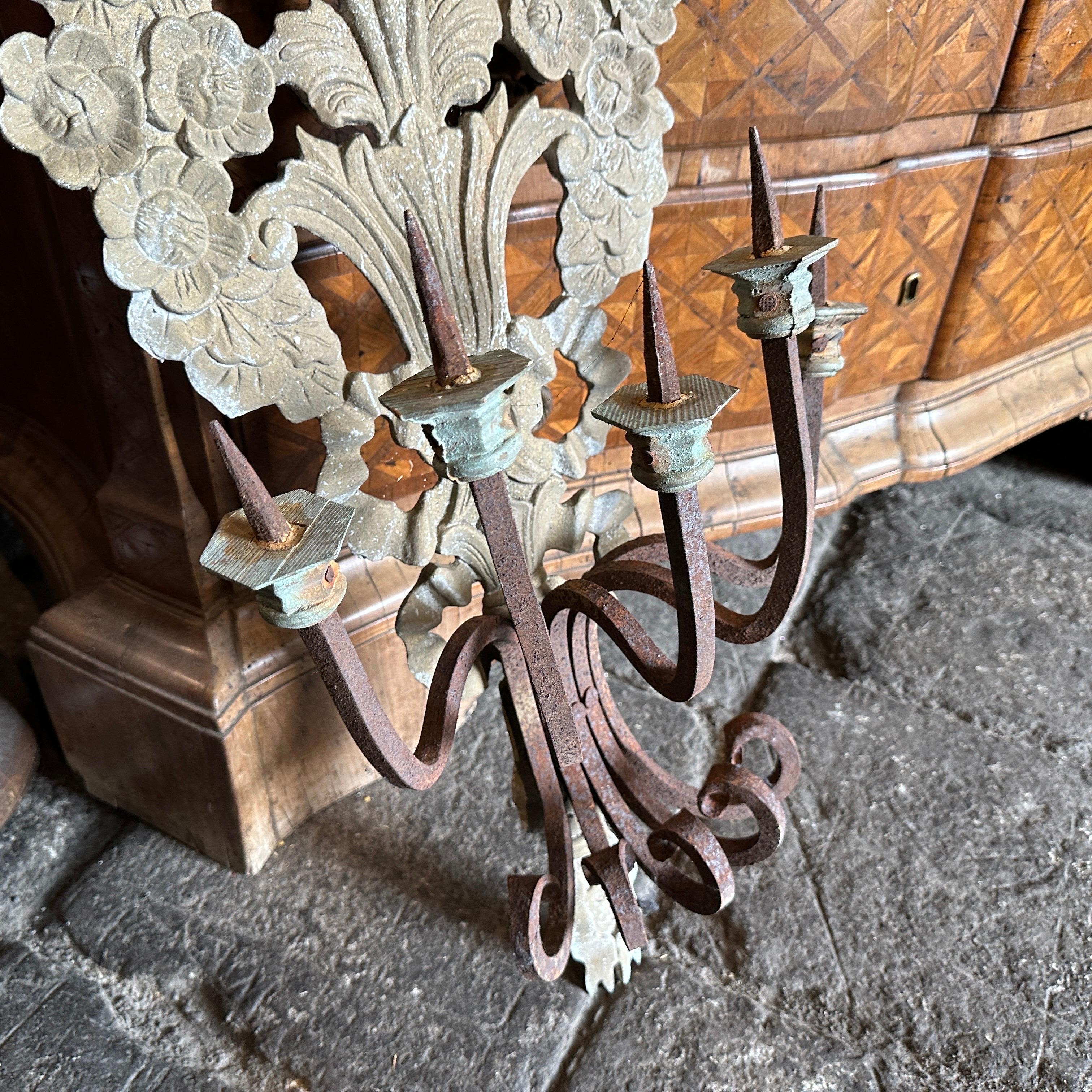 1900 Art Nouveau Iron and Wood Italian Chandelier Wall Sconce For Sale 3
