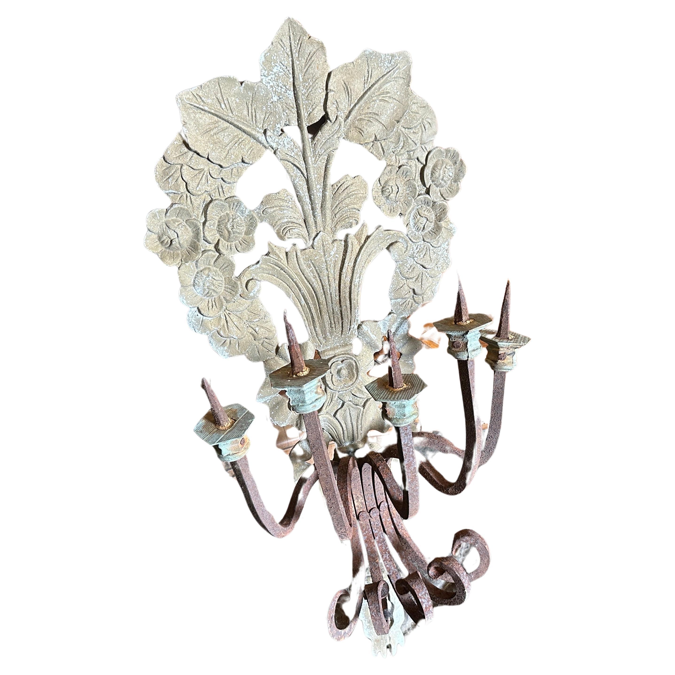 1900 Art Nouveau Iron and Wood Italian Chandelier Wall Sconce For Sale