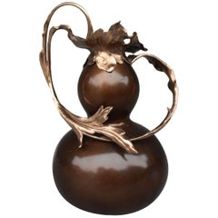 1900 Art Nouveau Jug Patinated Bronze with Gilted Foliage