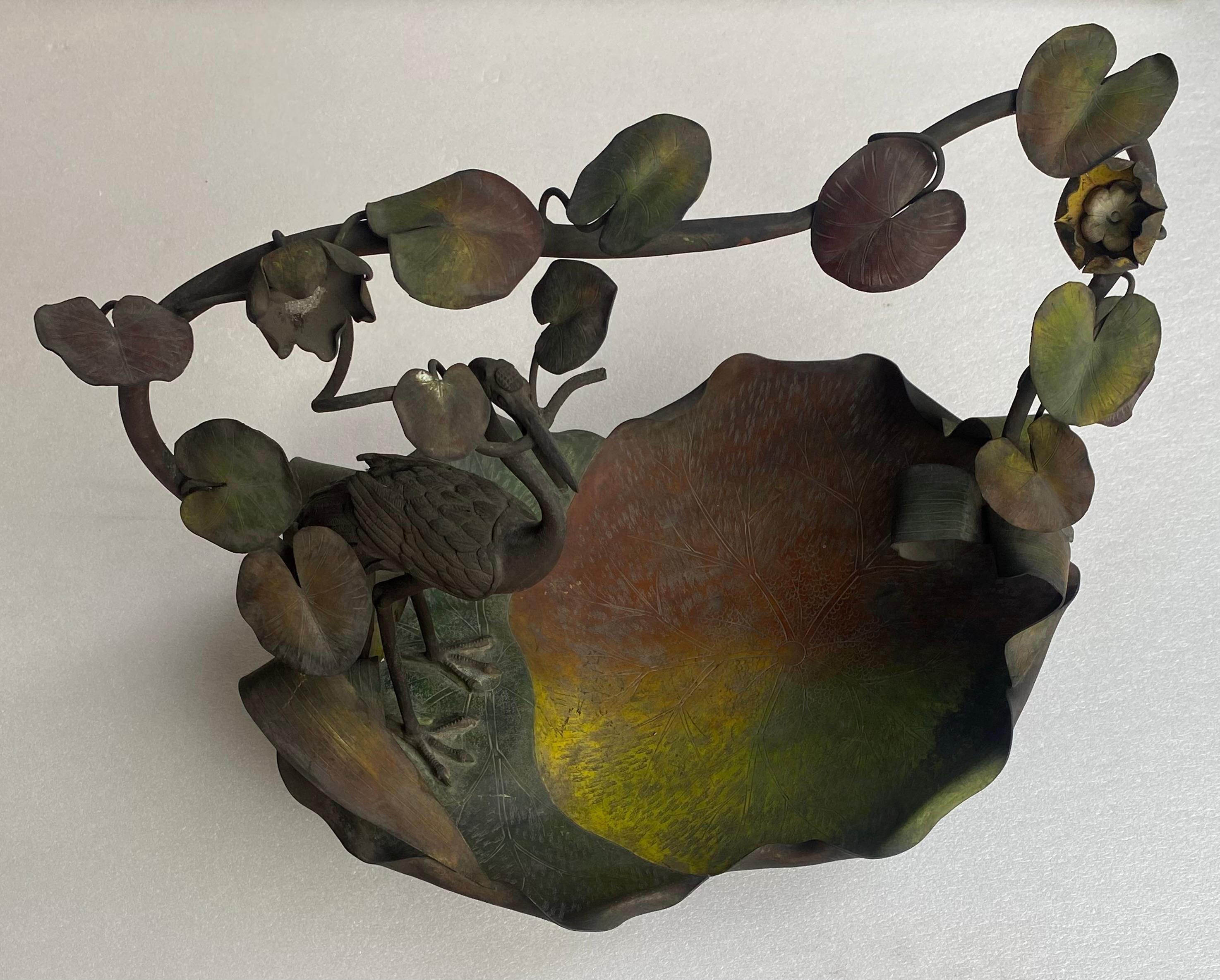 French 1900′ Art Nouveau Patinated Bronze Fruit Basket, Japanese Crane And Water Lilies For Sale