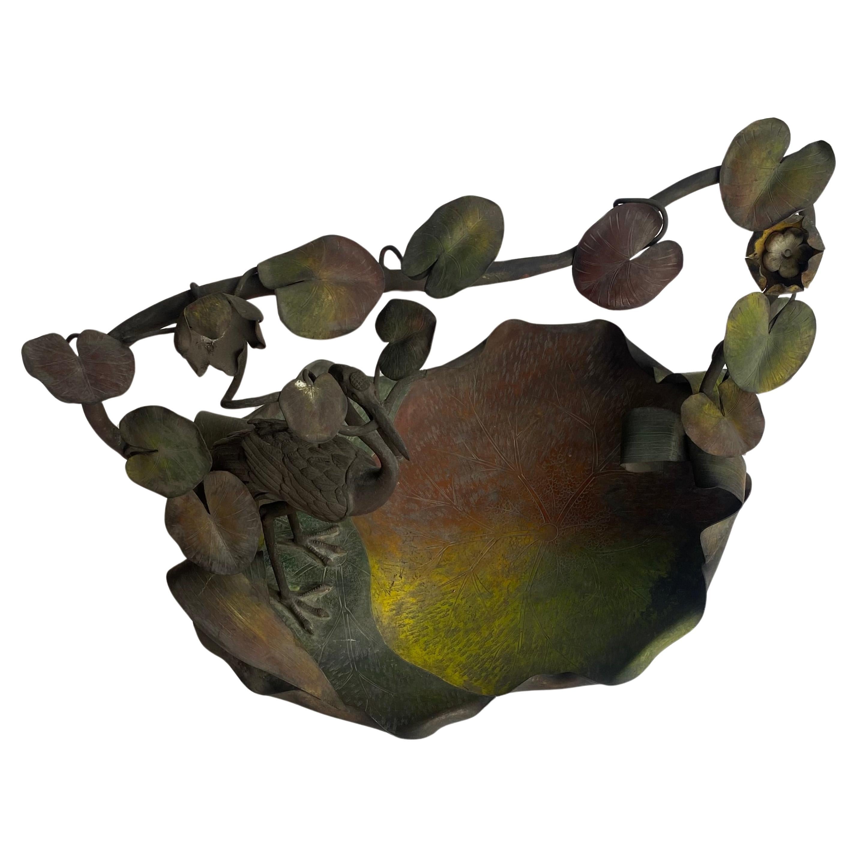 1900′ Art Nouveau Patinated Bronze Fruit Basket, Japanese Crane And Water Lilies For Sale