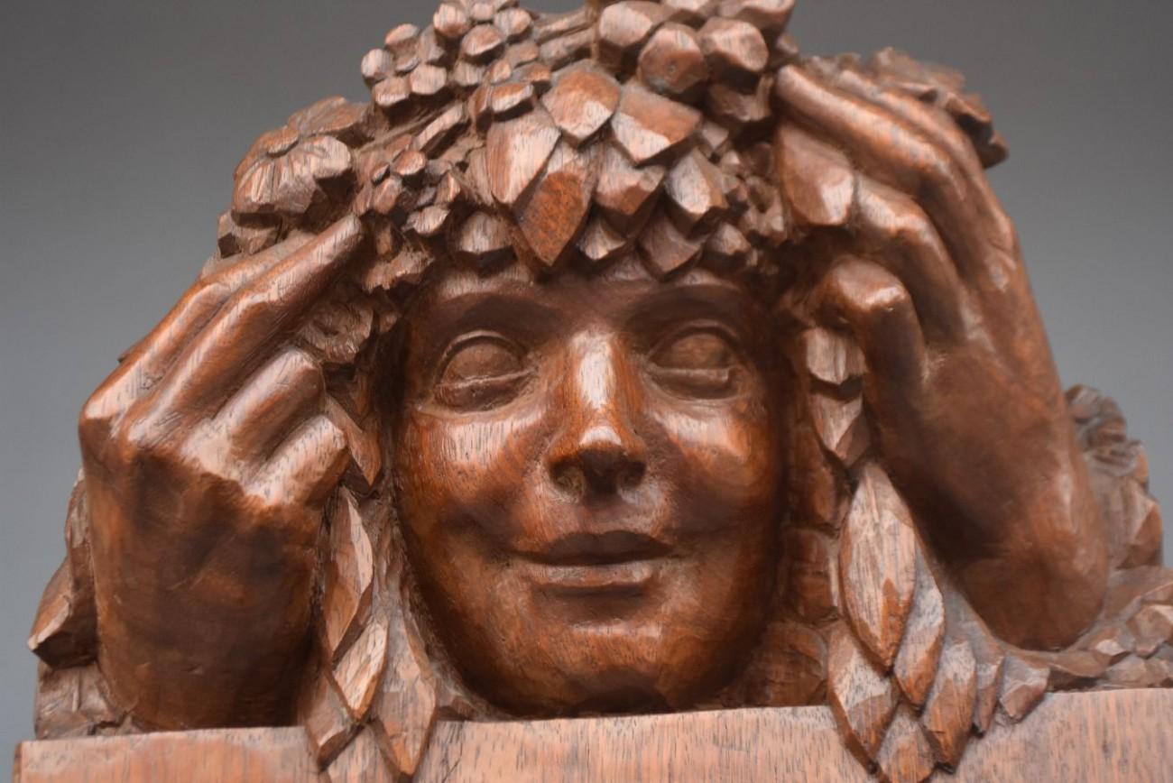 French 1900 Art Nouveau Sculpture Girl with Flower Wreath