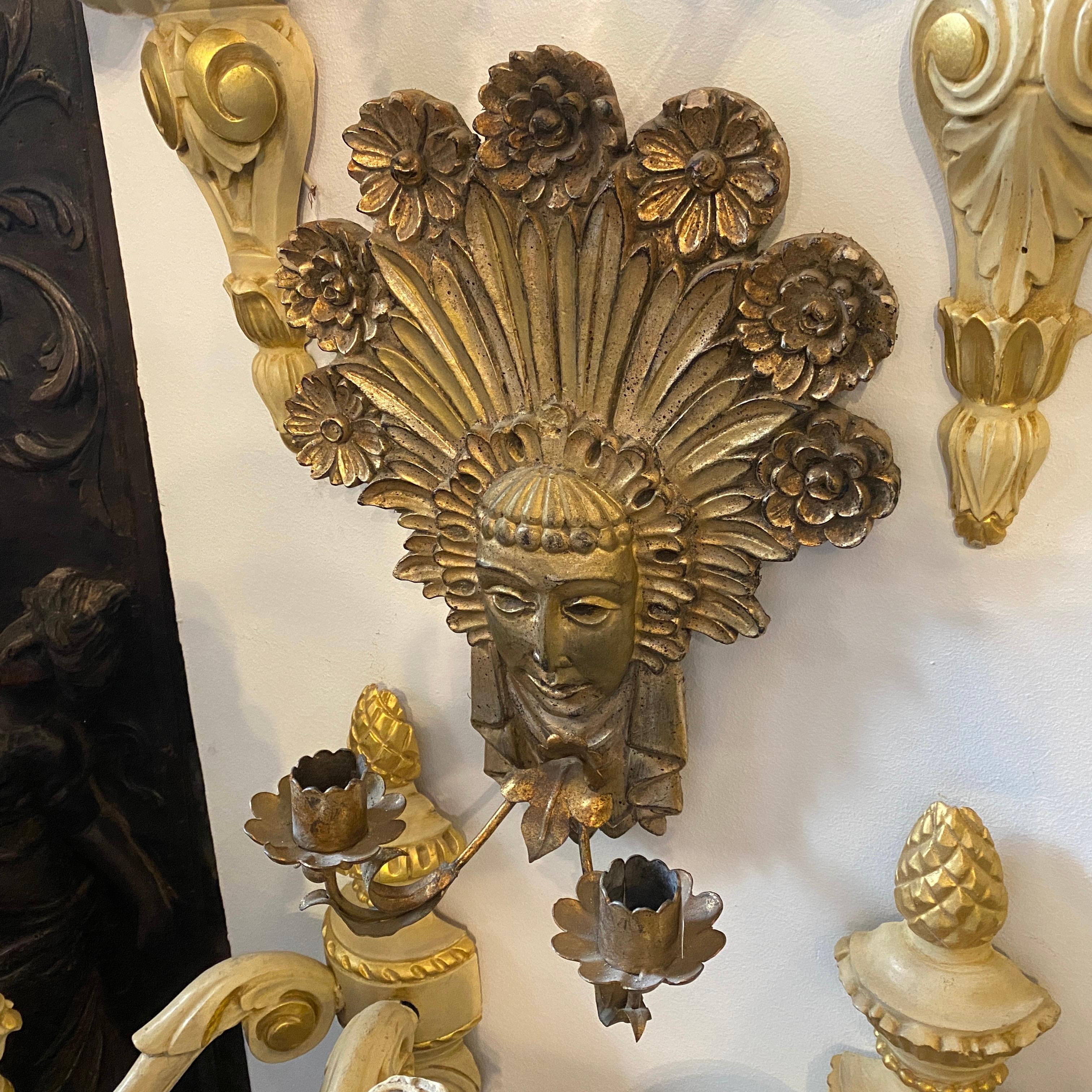 Hand-Carved 1900 Art Nouveau Gilded Wood and Iron Italian Candle Sconce