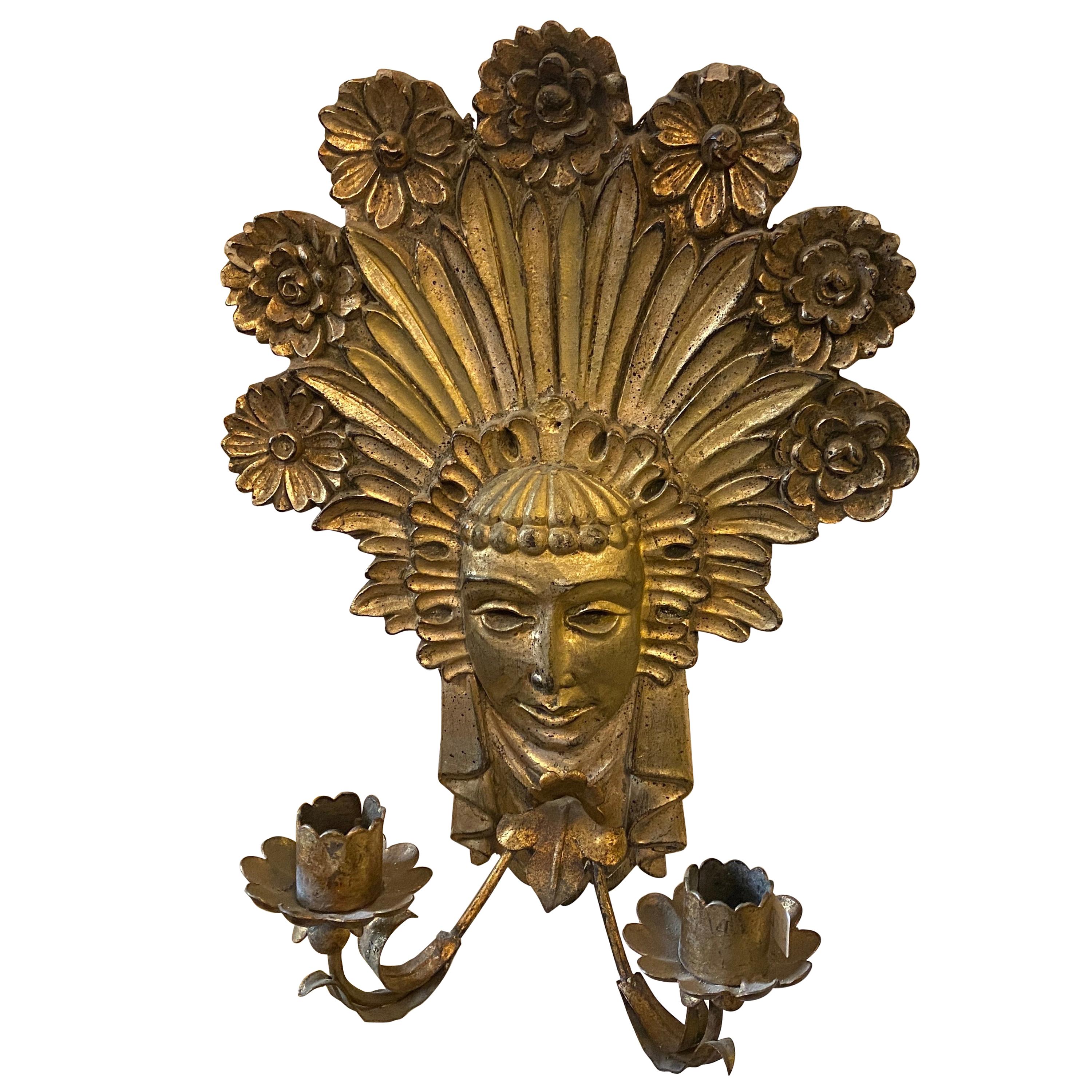 1900 Art Nouveau Gilded Wood and Iron Italian Candle Sconce