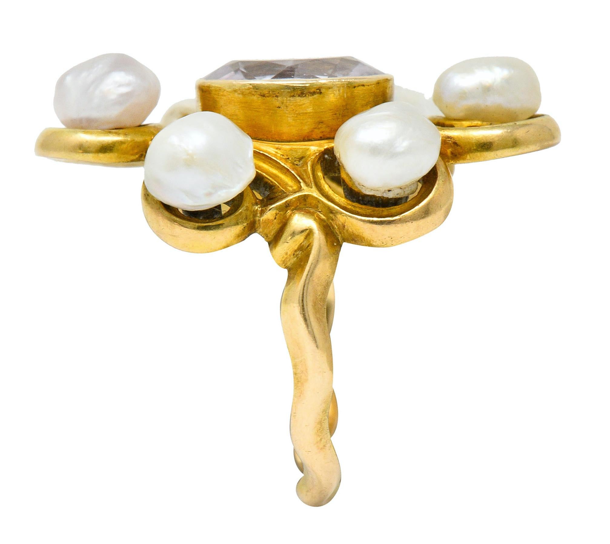1900 Arts & Crafts Pink Topaz Baroque Pearl 14 Karat Gold Cluster Ring 3