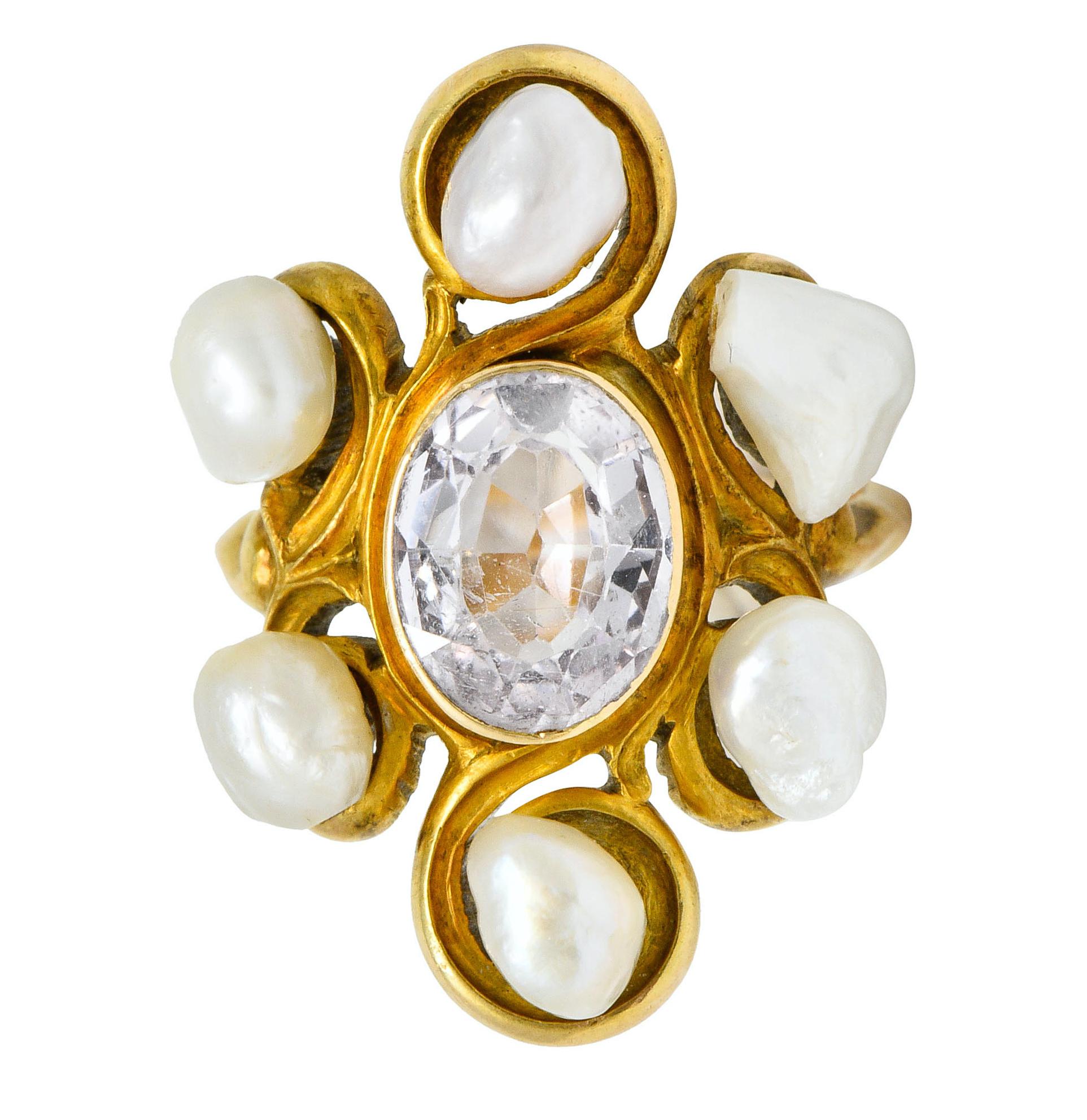 1900 Arts & Crafts Pink Topaz Baroque Pearl 14 Karat Gold Cluster Ring 5