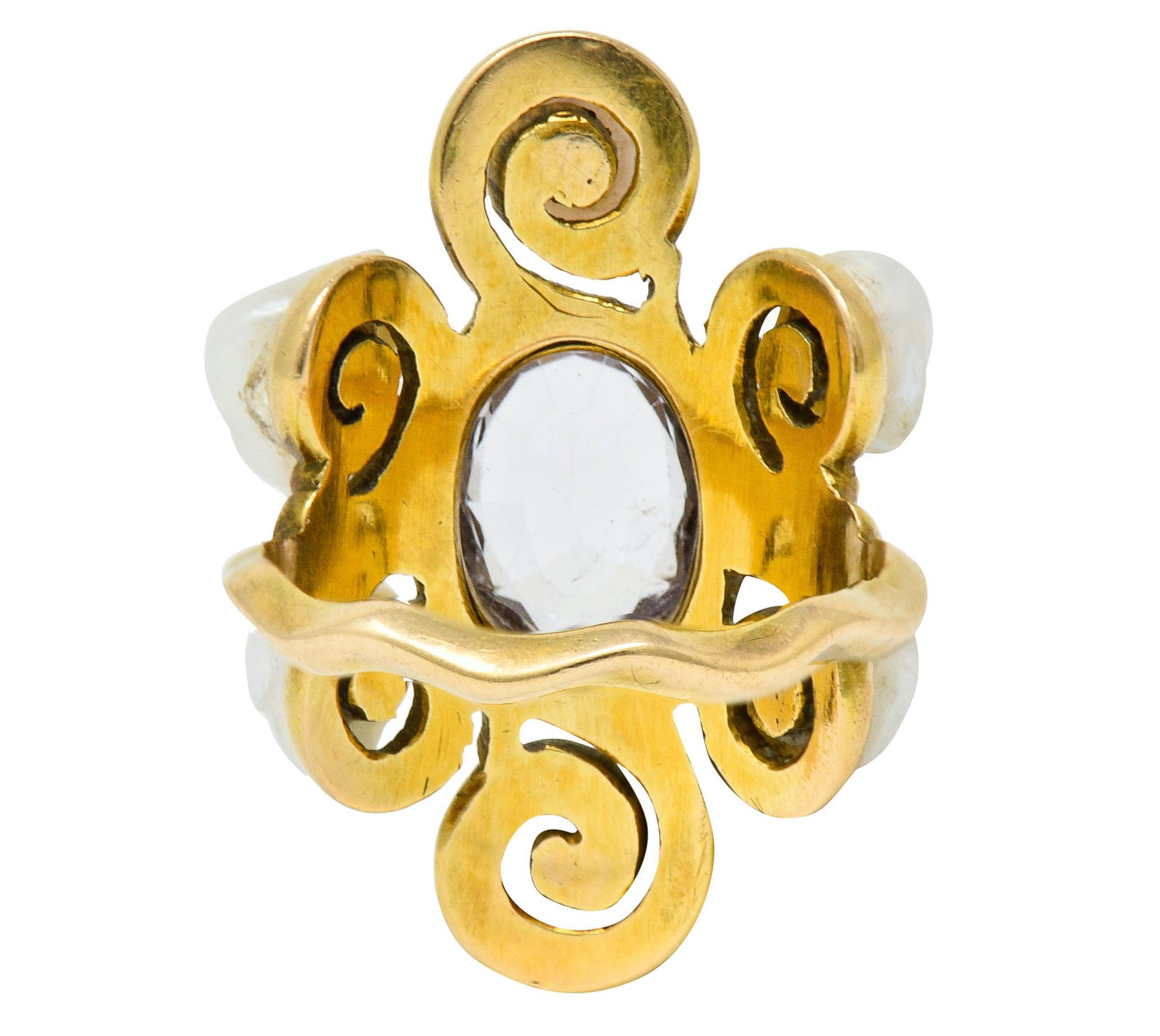 Arts and Crafts 1900 Arts & Crafts Pink Topaz Baroque Pearl 14 Karat Gold Cluster Ring