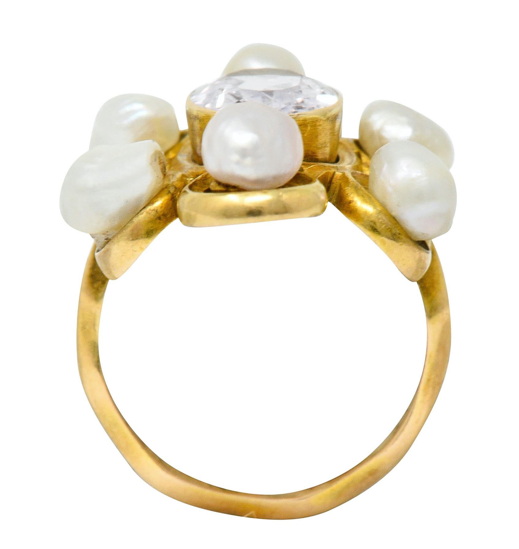 Women's or Men's 1900 Arts & Crafts Pink Topaz Baroque Pearl 14 Karat Gold Cluster Ring