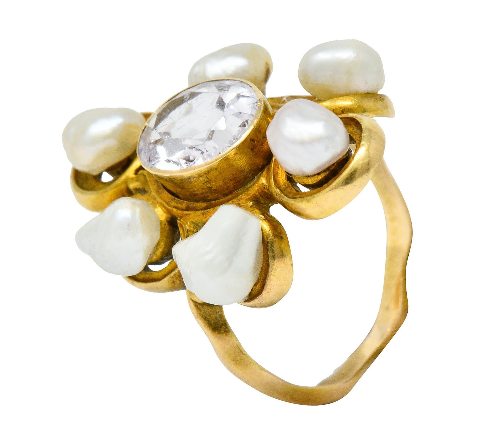 1900 Arts & Crafts Pink Topaz Baroque Pearl 14 Karat Gold Cluster Ring 1