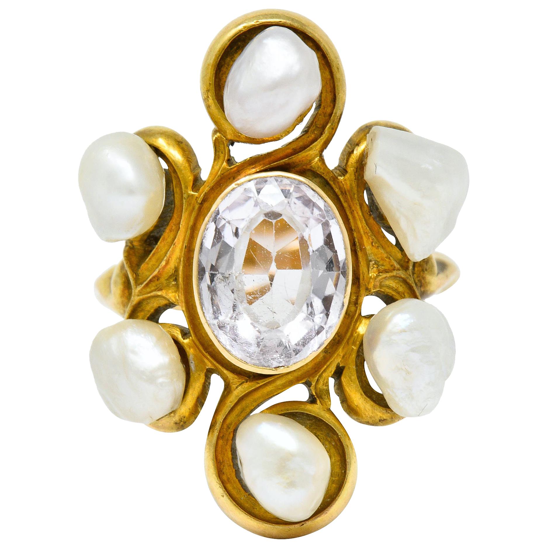 1900 Arts & Crafts Pink Topaz Baroque Pearl 14 Karat Gold Cluster Ring