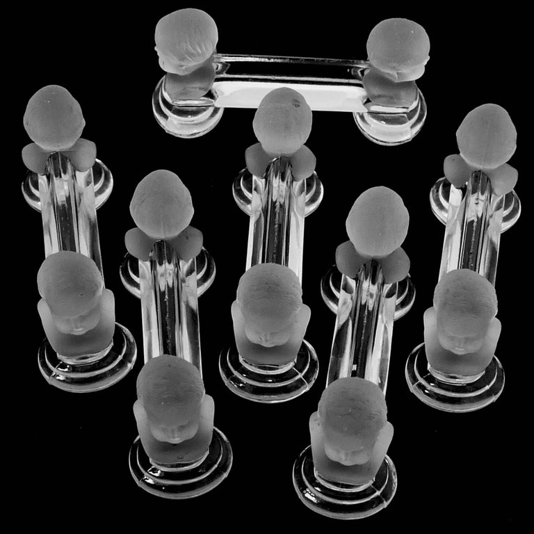 Early 20th Century 1900 Baccarat French Crystal Knife Rests Set Six Pieces Cherub Model For Sale