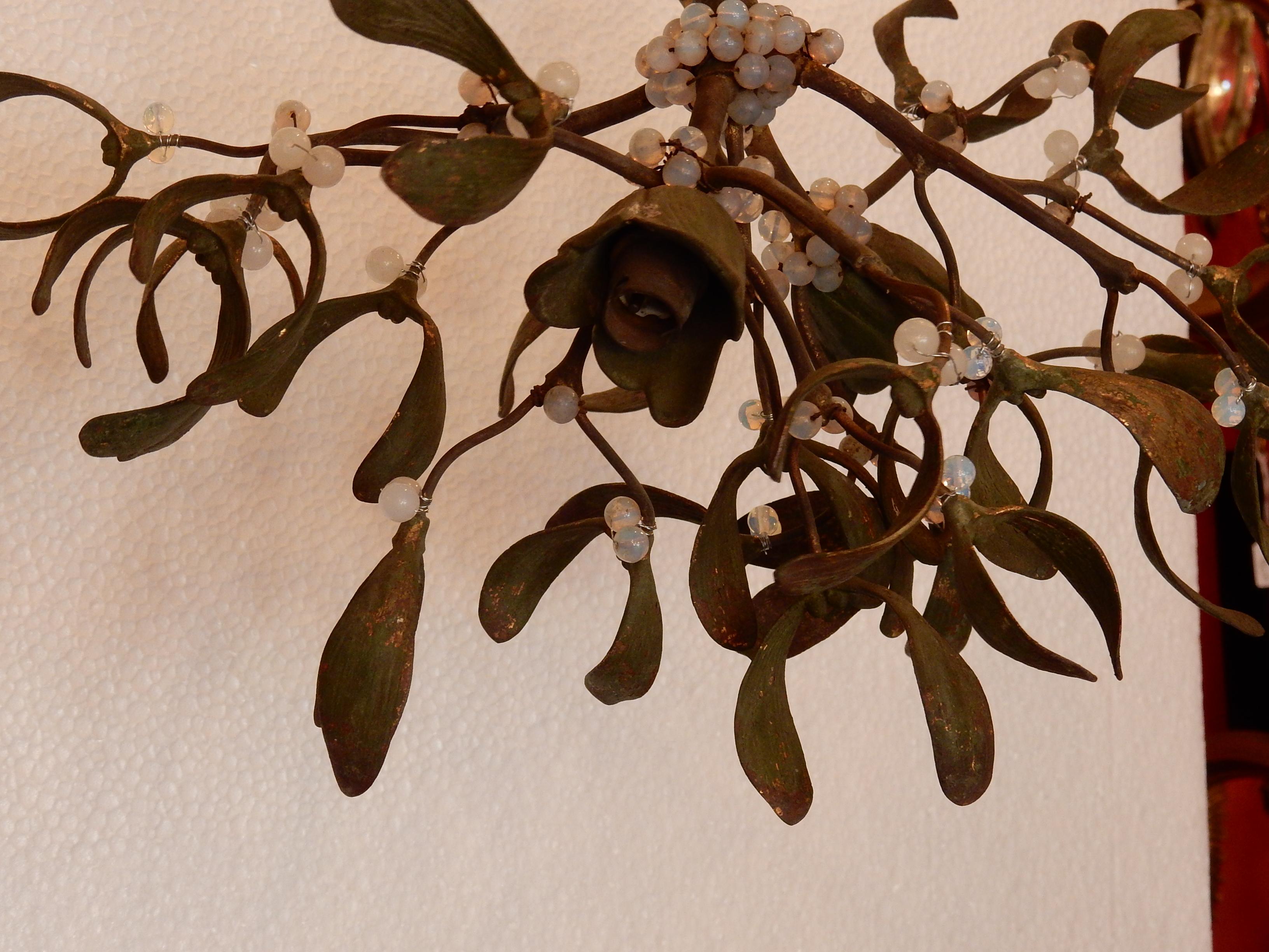 French 1900 Ball of Mistletoe Bronze Has Two Bulbs and Pearls Opaline For Sale