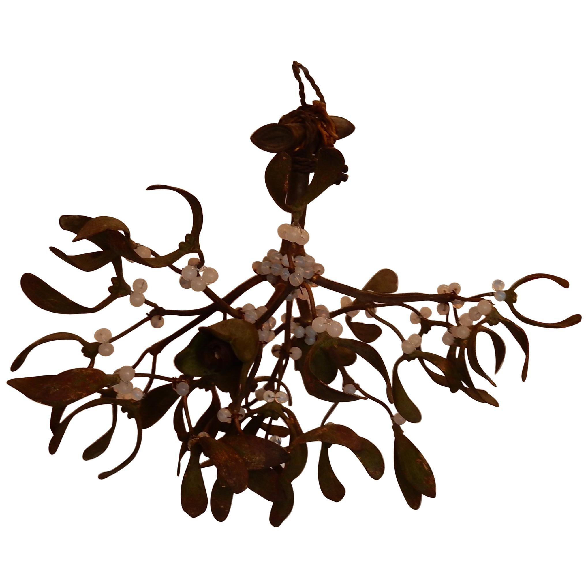 1900 Ball of Mistletoe Bronze Has Two Bulbs and Pearls Opaline For Sale