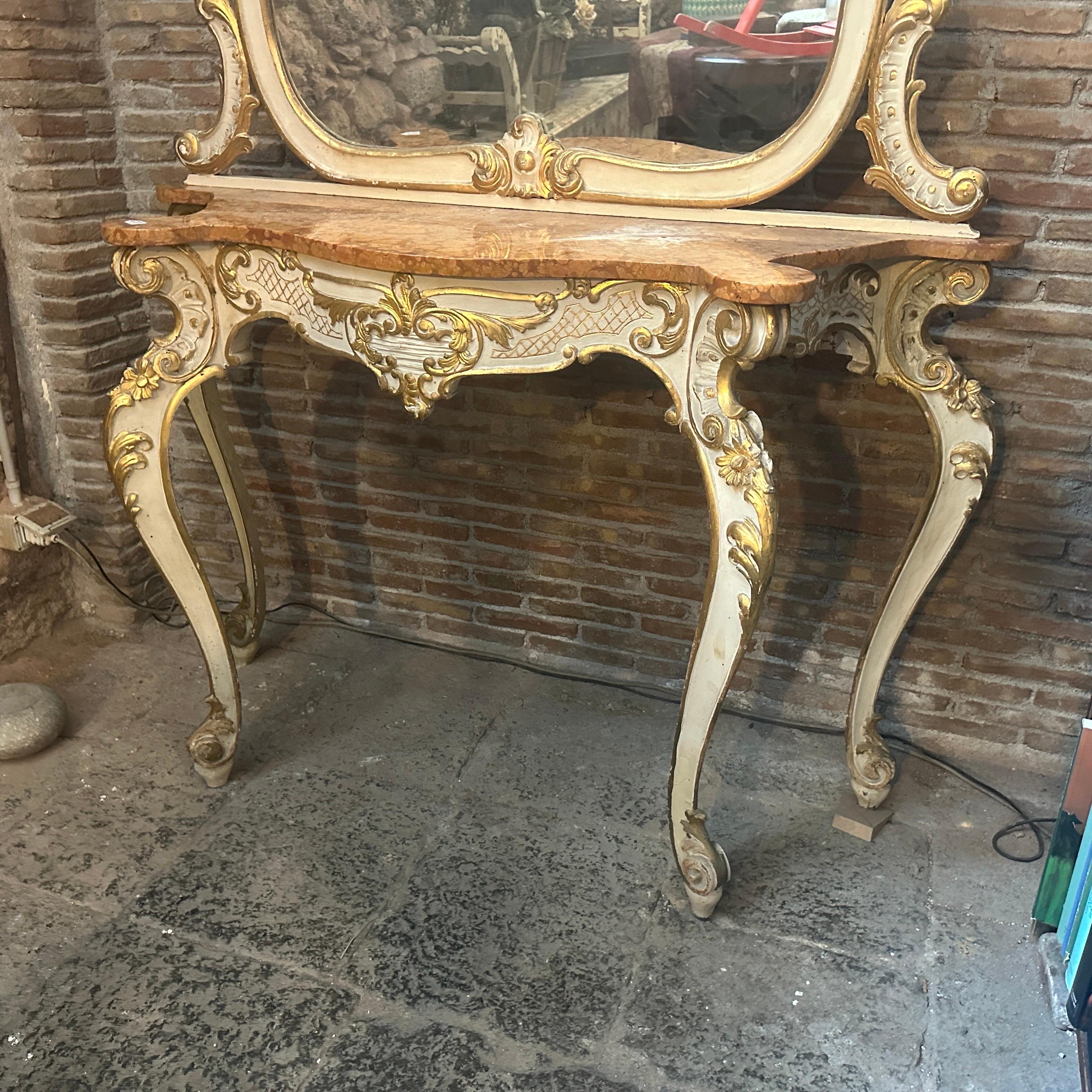 Hand-Carved 1900 Baroque Style Ivory Lacquered and Gilded Wood Sicilian Console and Mirror