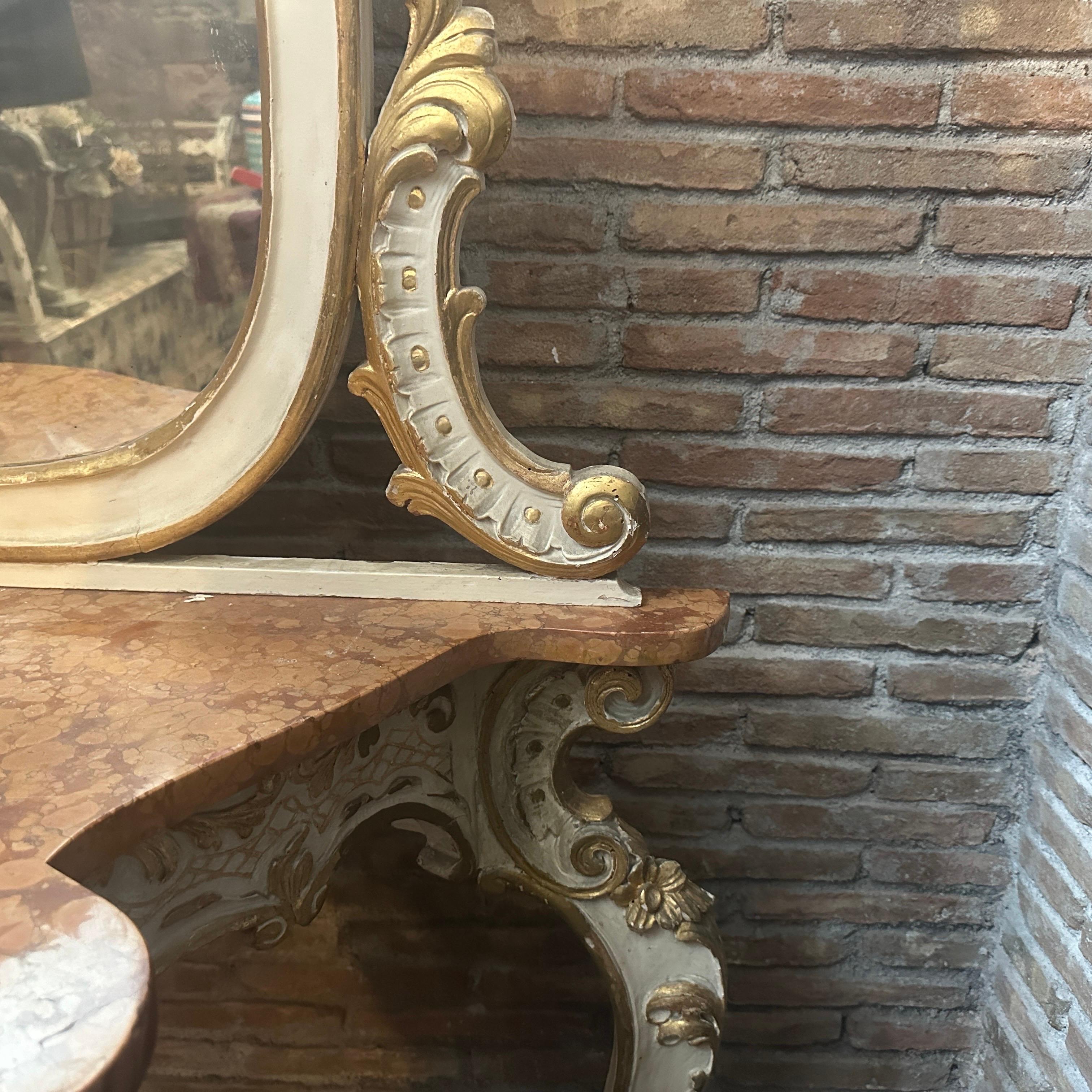 XIX secolo 1900 Console e specchio siciliano in stile barocco, laccato avorio e in legno dorato
