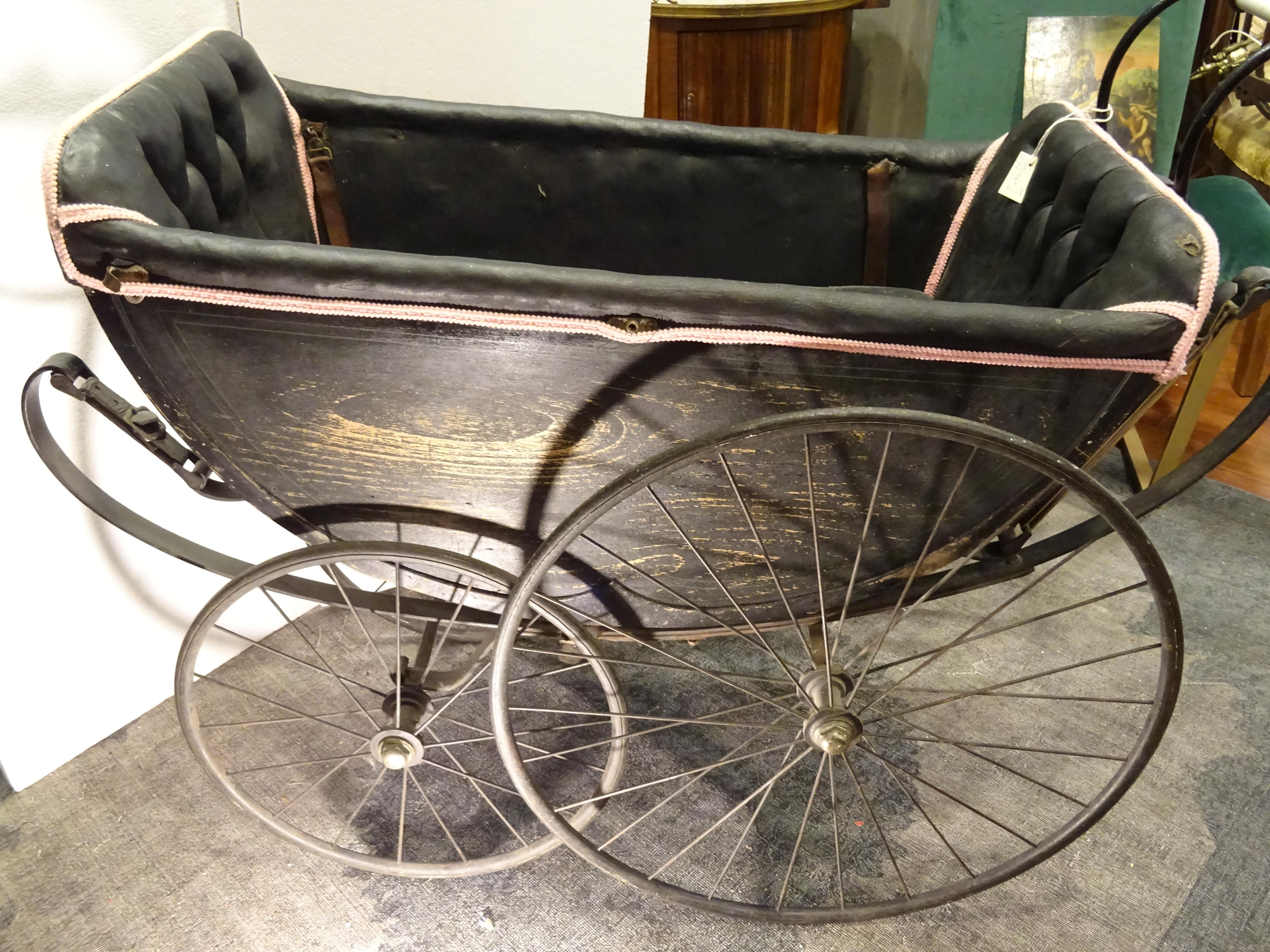 Hand-Crafted 1900 Black and Pink French Wood, Iron and Leather Capitone Baby Trolley