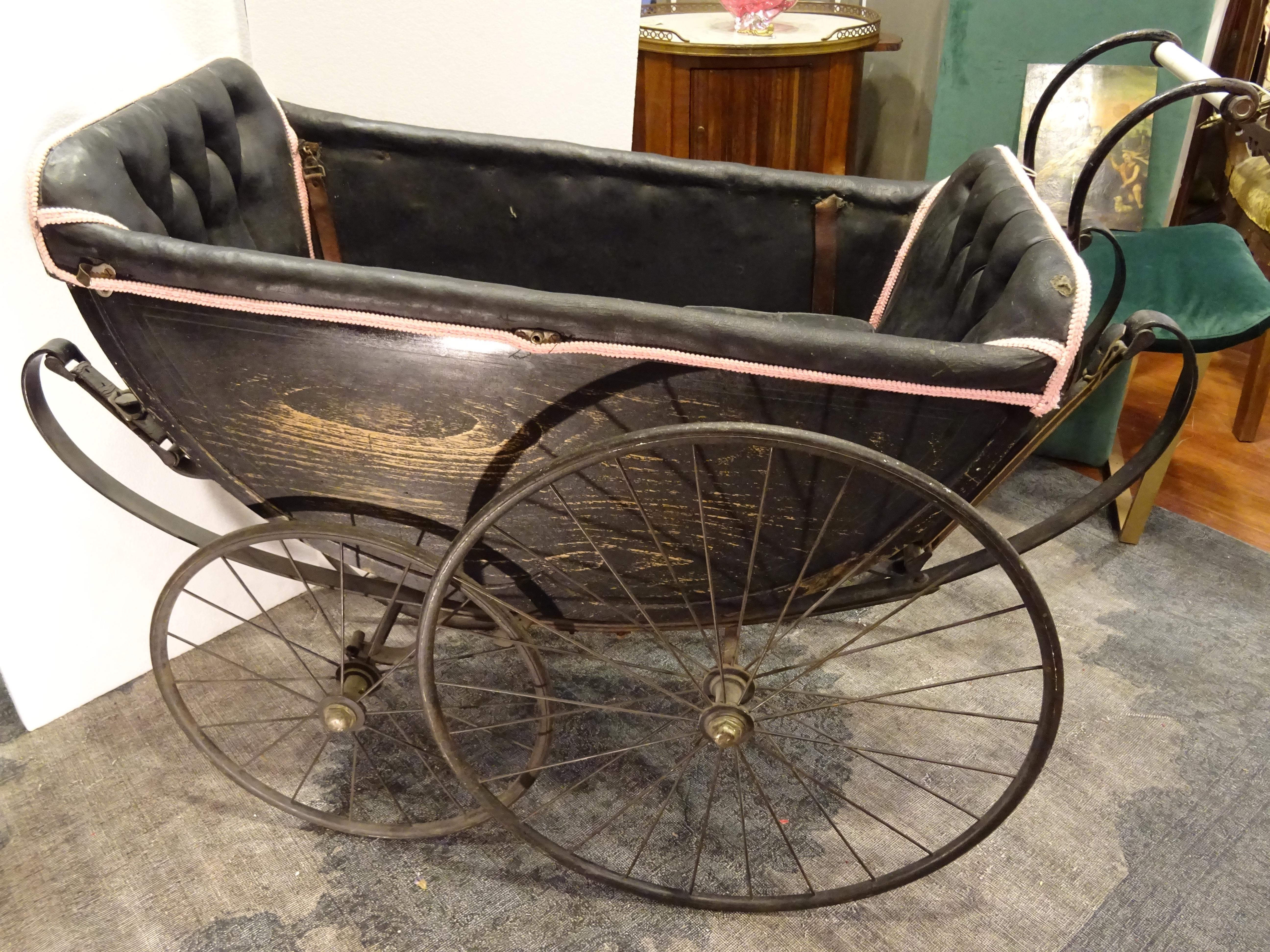 1900 Black and Pink French Wood, Iron and Leather Capitone Baby Trolley 1