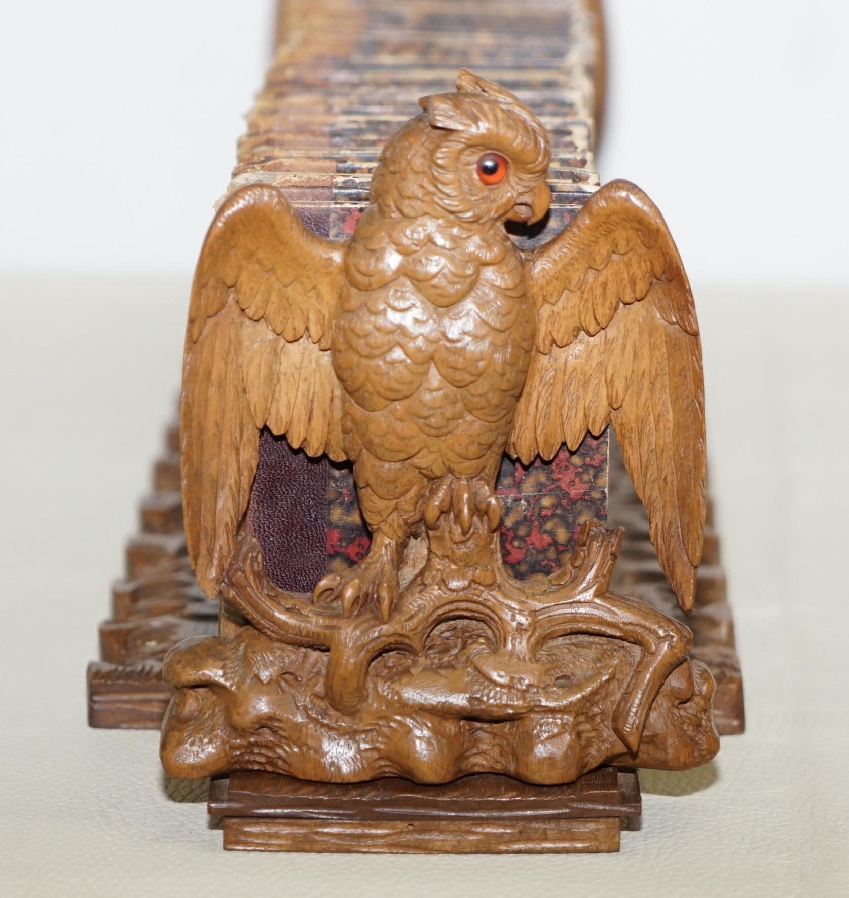 1900 Black Forest Owl Carved Wood Extending Bookshelf Sir Walter Scott Books For Sale 5