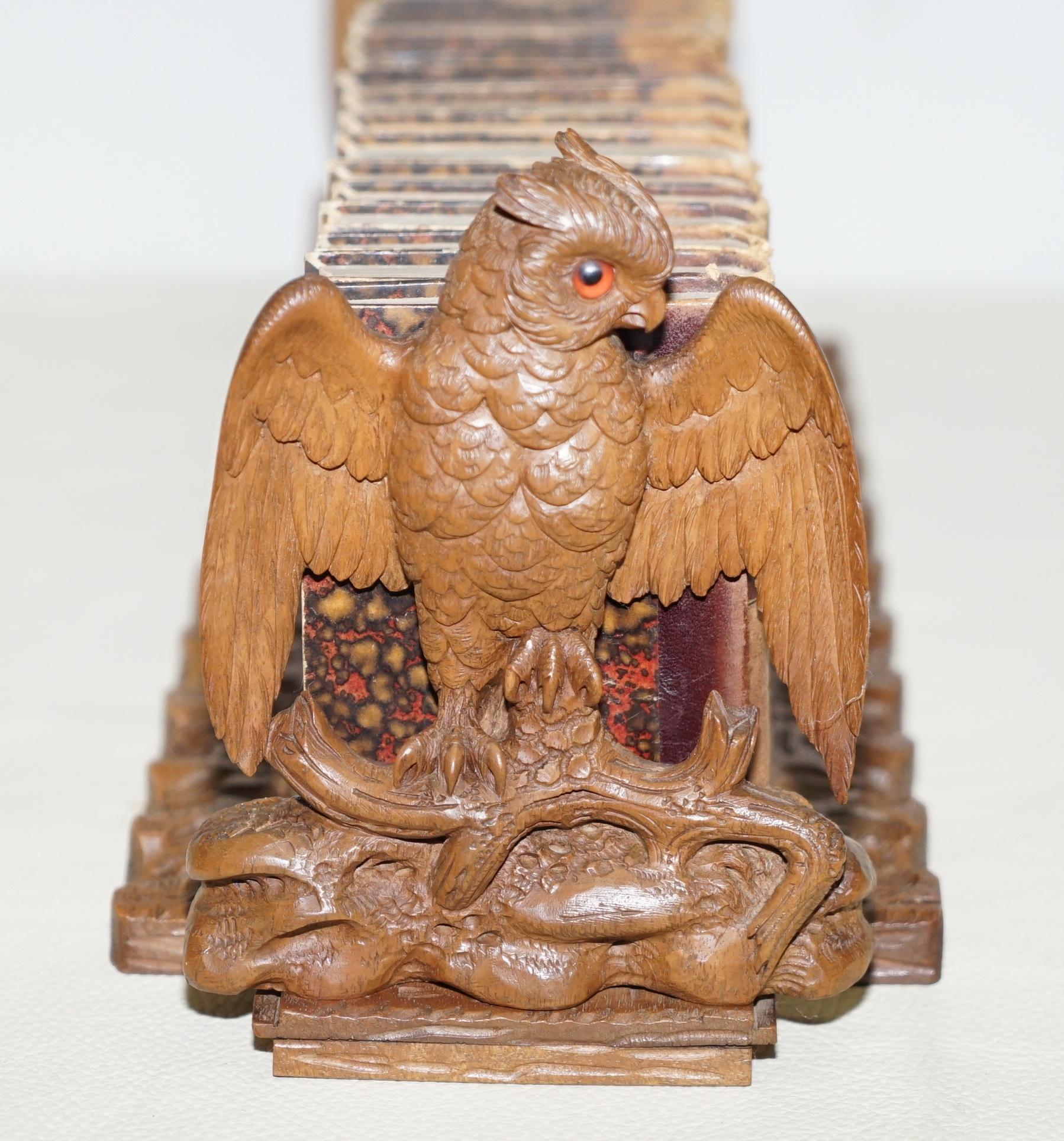 1900 Black Forest Owl Carved Wood Extending Bookshelf Sir Walter Scott Books For Sale 9