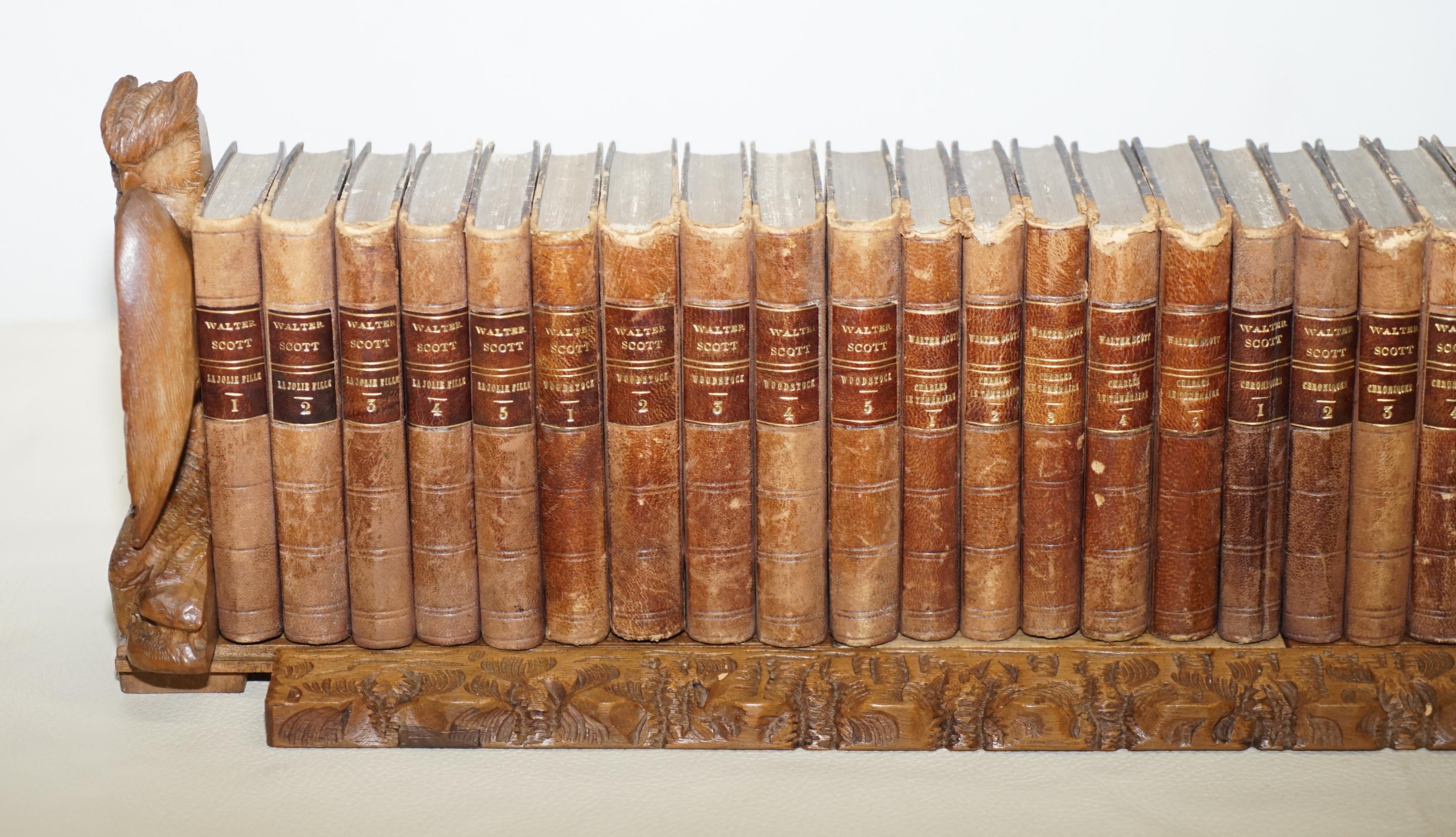 German 1900 Black Forest Owl Carved Wood Extending Bookshelf Sir Walter Scott Books