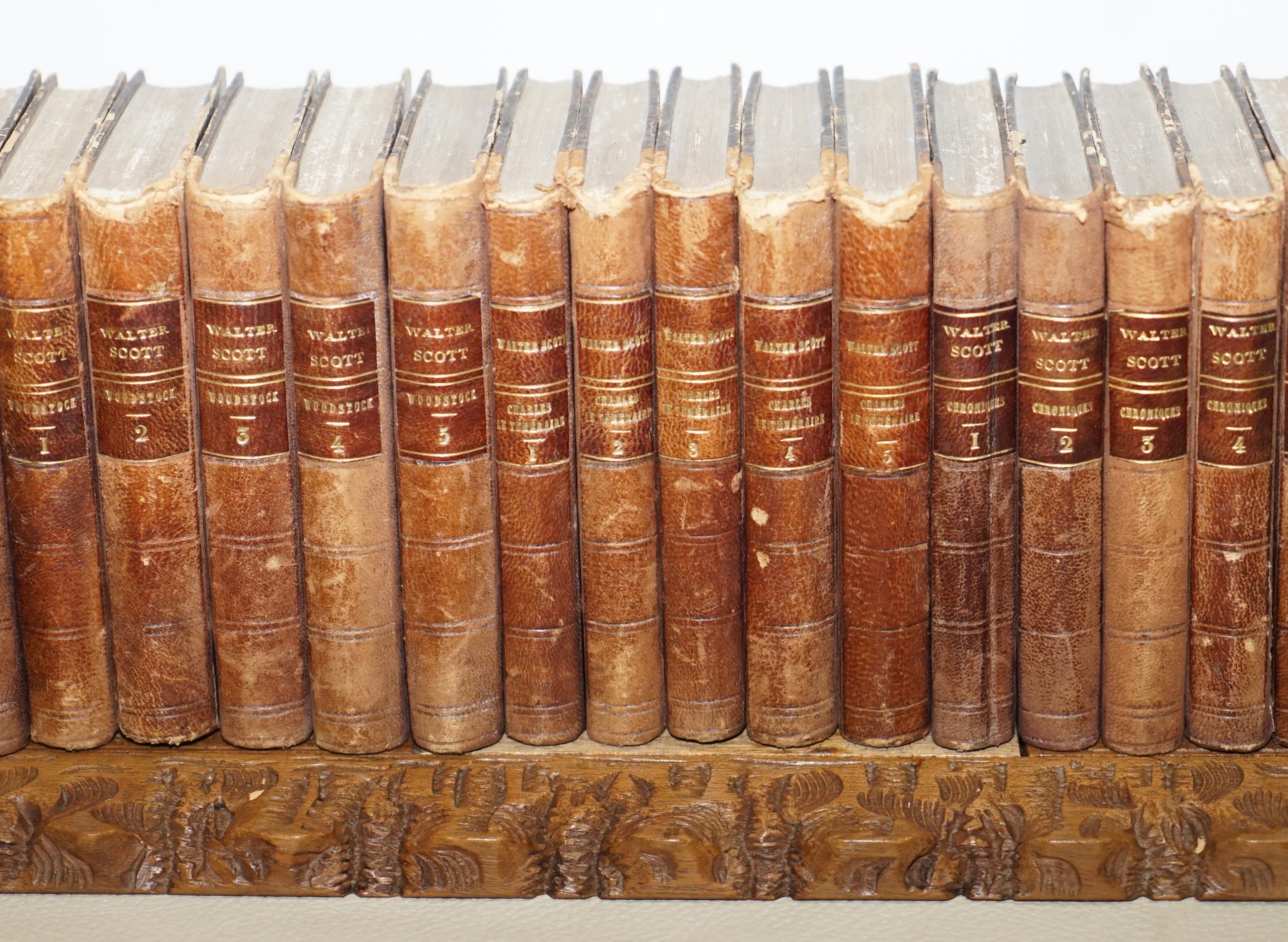 Hand-Crafted 1900 Black Forest Owl Carved Wood Extending Bookshelf Sir Walter Scott Books