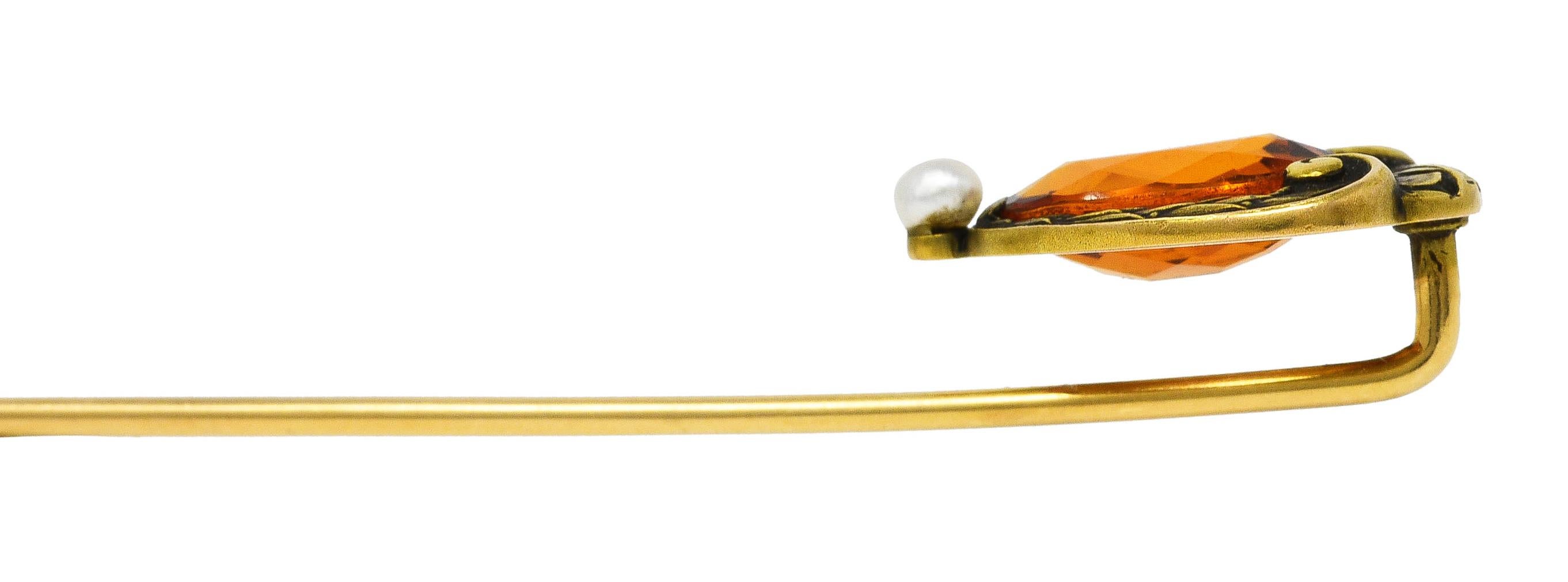 1900 Brassler Co. Citrine Pearl 14 Karat Yellow Gold Laurel Art Nouveau Stickpin 1