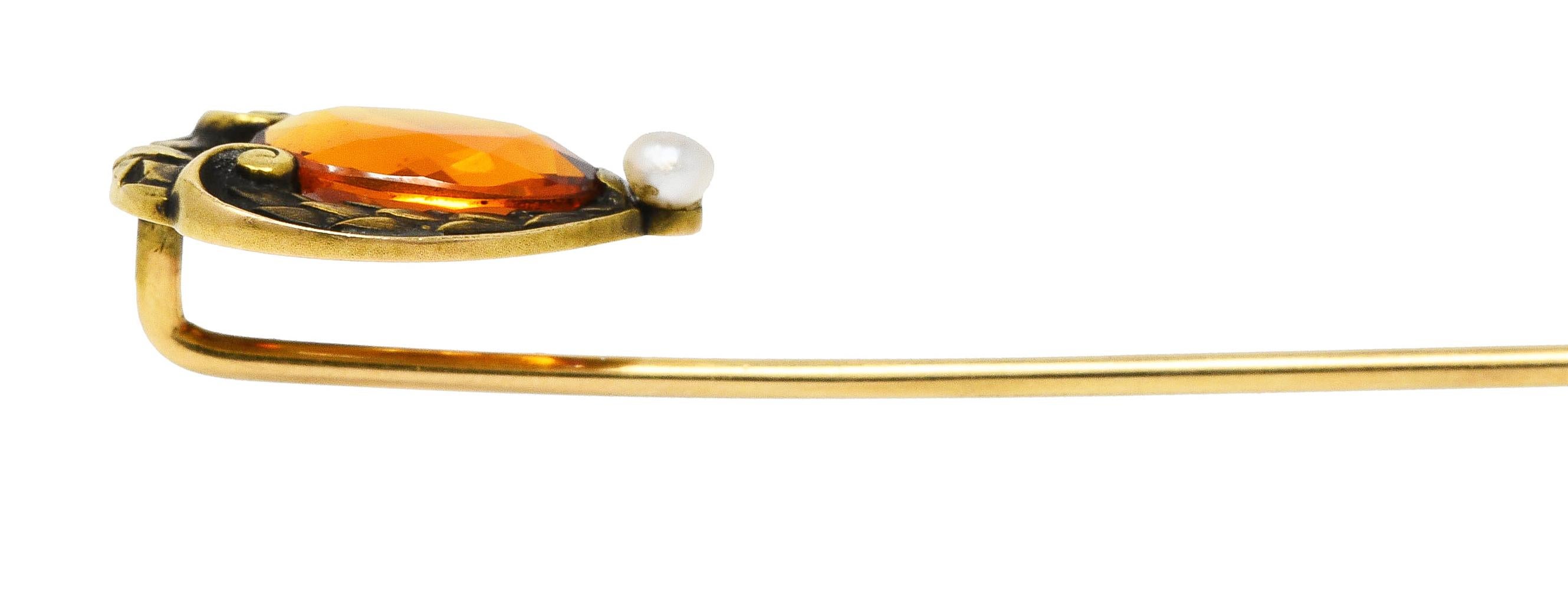 1900 Brassler Co. Citrine Pearl 14 Karat Yellow Gold Laurel Art Nouveau Stickpin 2