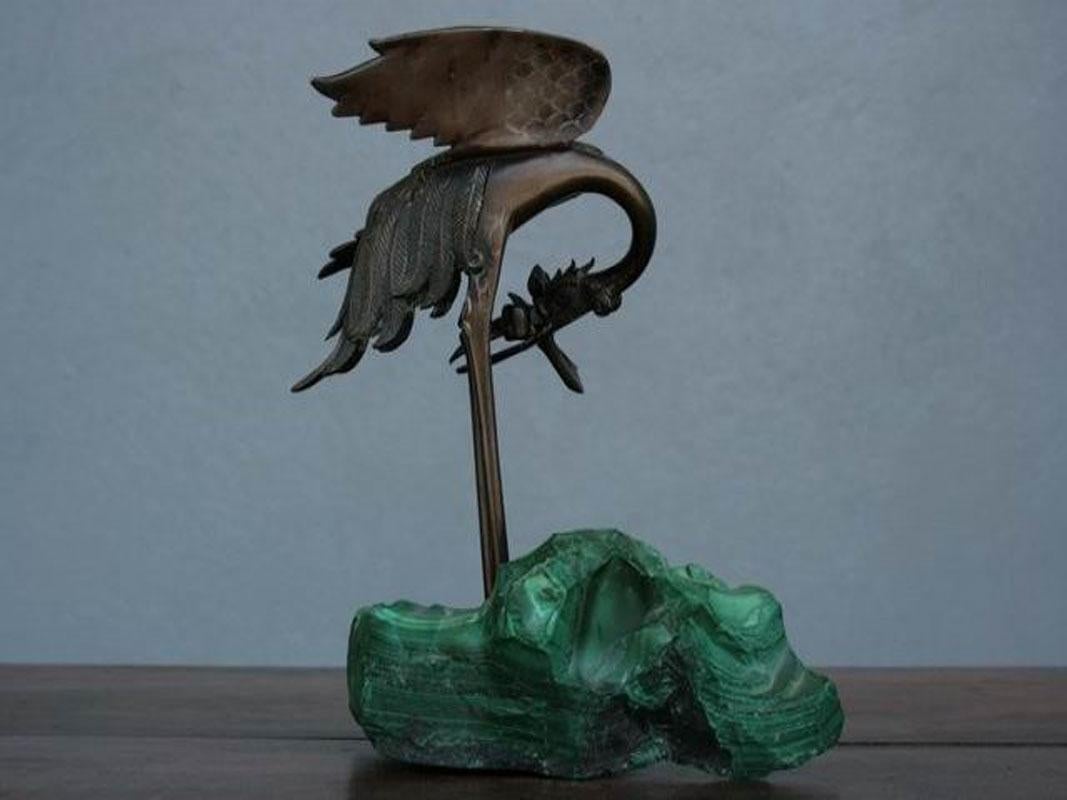 Art Nouveau 1900 Bronze Heron on Block of Malachite For Sale
