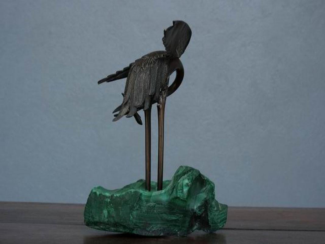 French 1900 Bronze Heron on Block of Malachite For Sale