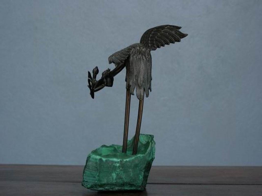 1900 Bronze Heron on Block of Malachite In Good Condition For Sale In Marseille, FR