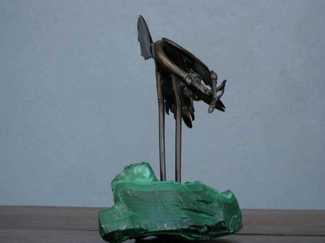 Early 20th Century 1900 Bronze Heron on Block of Malachite For Sale