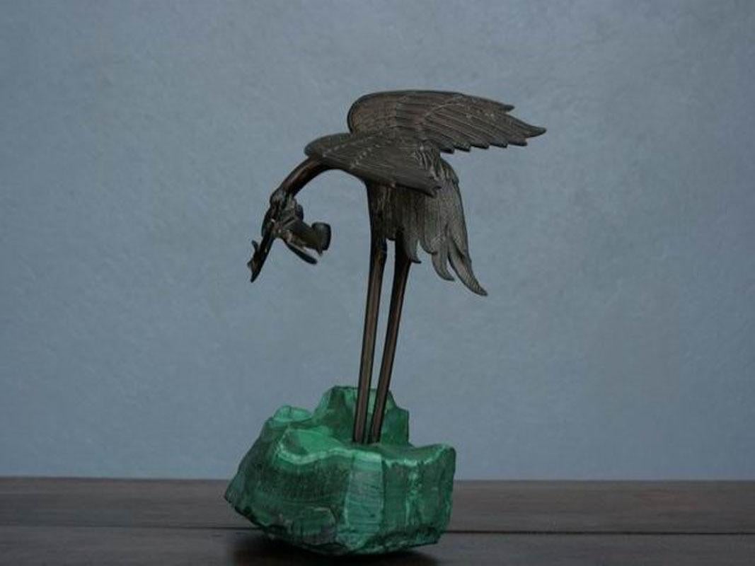 1900 Bronze Heron on Block of Malachite For Sale 1