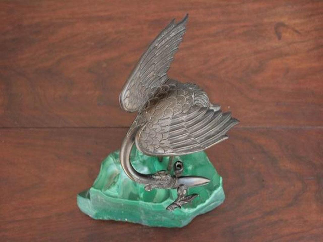 1900 Bronze Heron on Block of Malachite For Sale 2