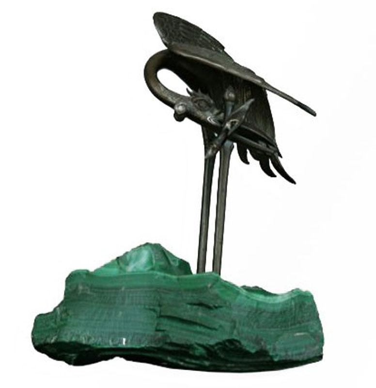 Heron en bronze de 1900 sur bloc de malachite