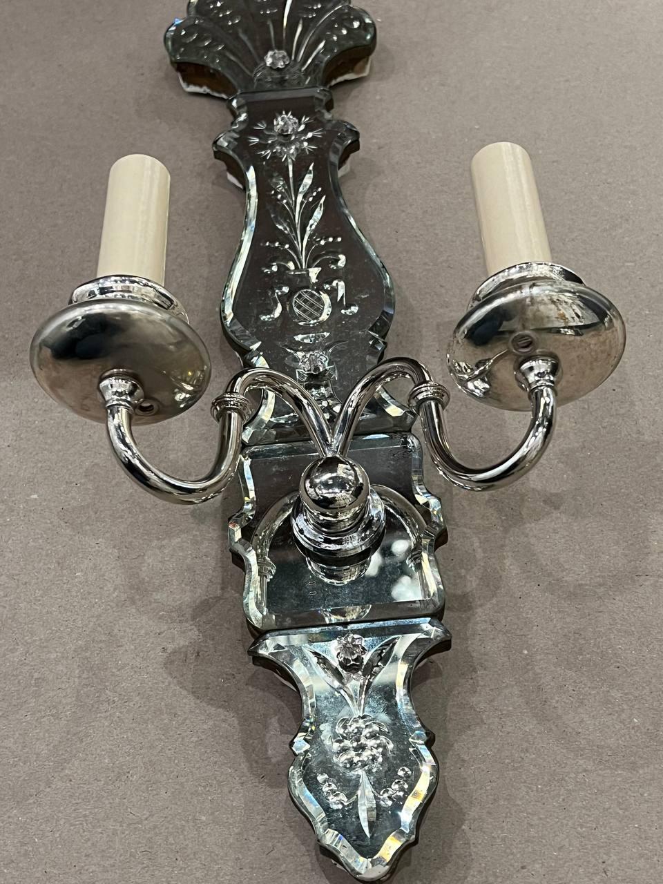 1900's Caldwell Etched Mirror 2 Lights Sconces For Sale 2