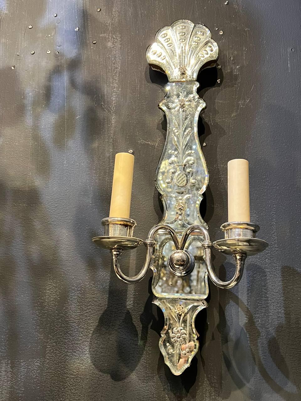 American Classical 1900's Caldwell Etched Mirror 2 Lights Sconces For Sale