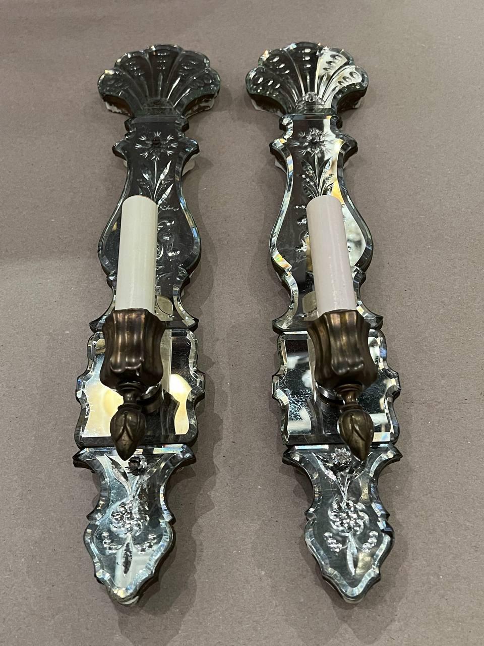 Early 20th Century 1900 Caldwell Etched Mirror Single Light Sconces For Sale
