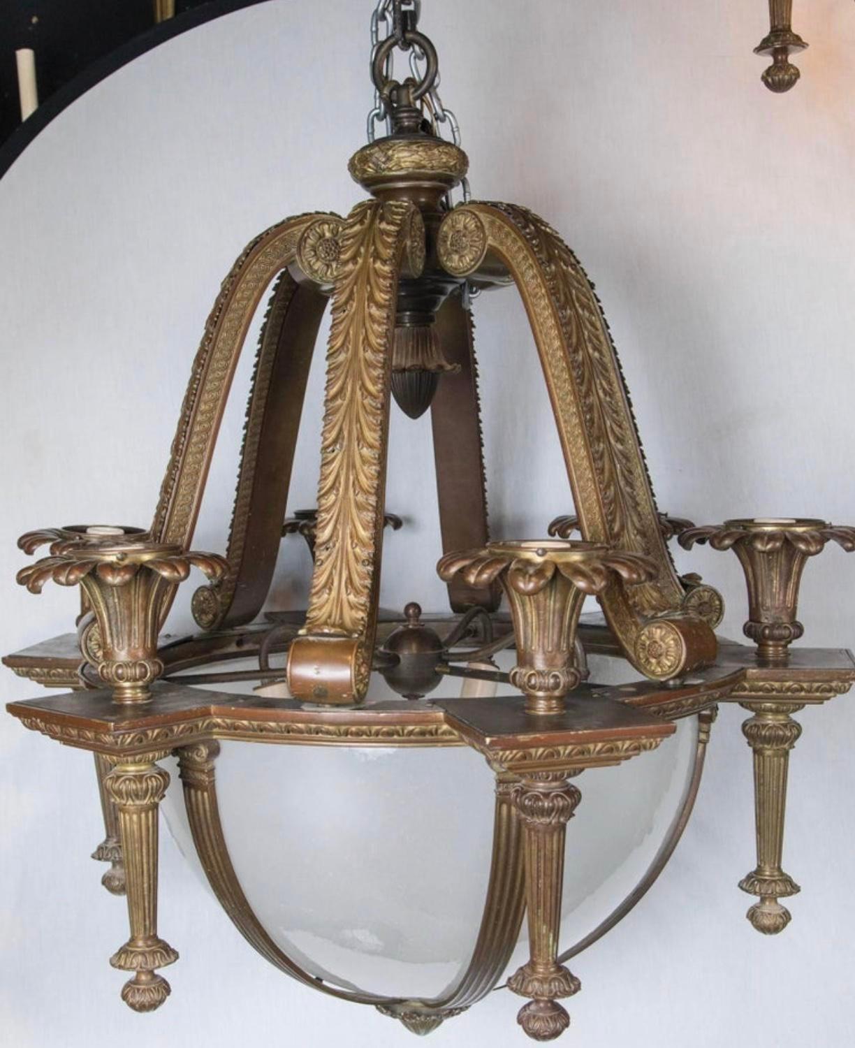 American 1900 Caldwell Neoclassical Bronze Chandelier with Opaline Glass For Sale