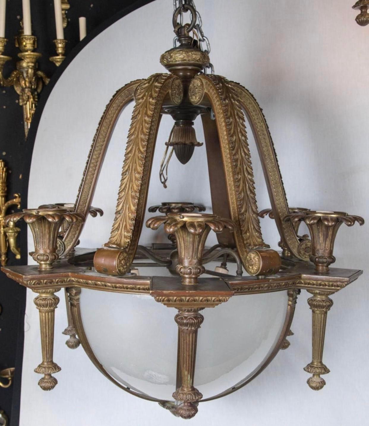 1900 Caldwell Neoclassical Bronze Chandelier with Opaline Glass For Sale 1