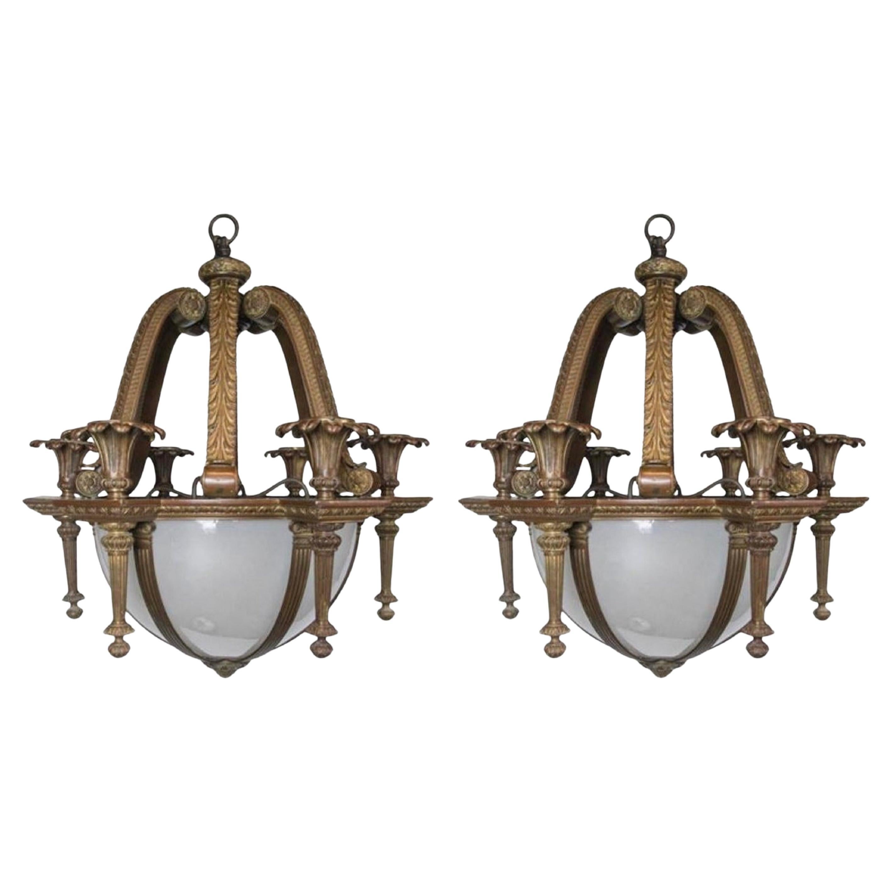 1900 Caldwell Neoclassical Bronze Chandelier with Opaline Glass For Sale