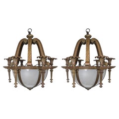 Antique 1900 Caldwell Neoclassical Bronze Chandelier with Opaline Glass