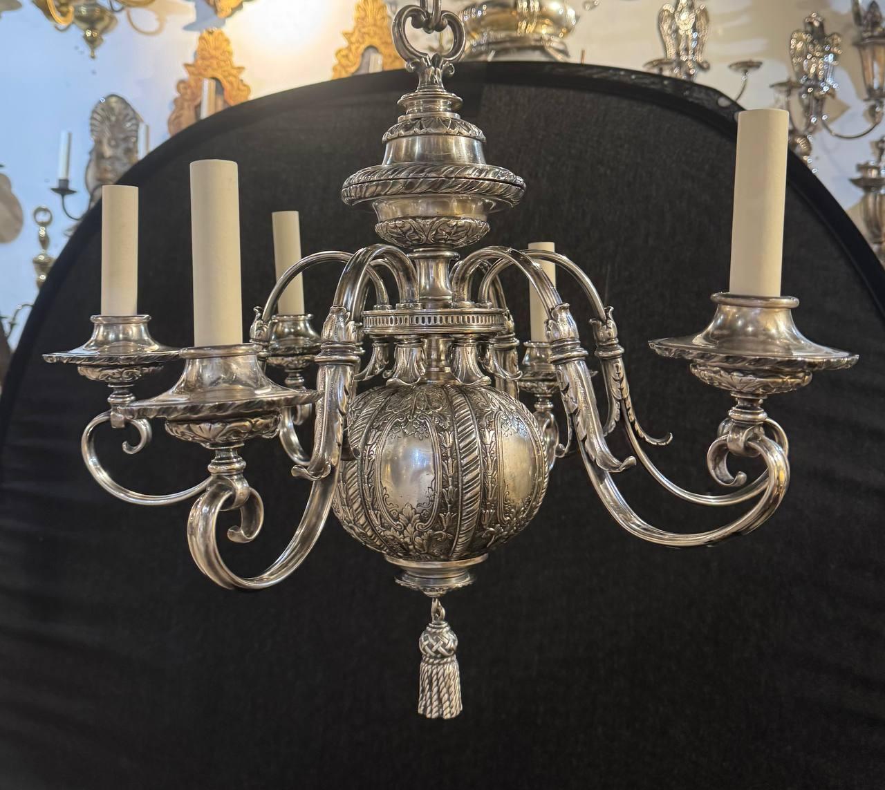 American 1900 Caldwell Silver Plated Engraved Small Chandelier 6 lights For Sale