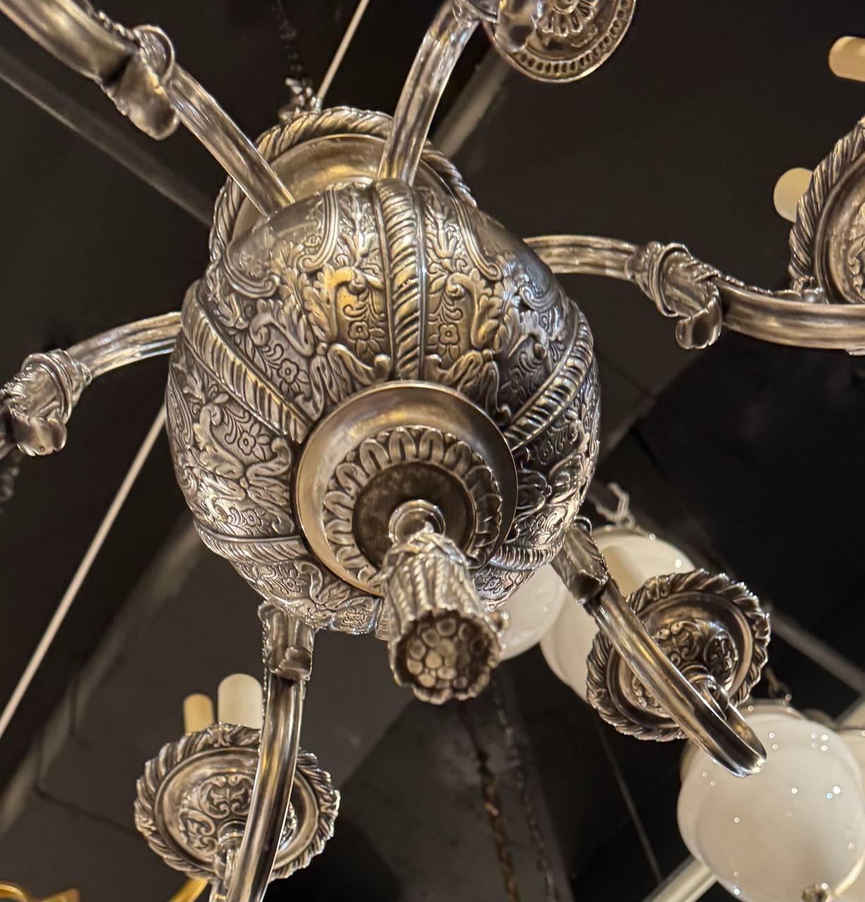 1900 Caldwell Silver Plated Engraved Small Chandelier 6 lights In Good Condition For Sale In New York, NY