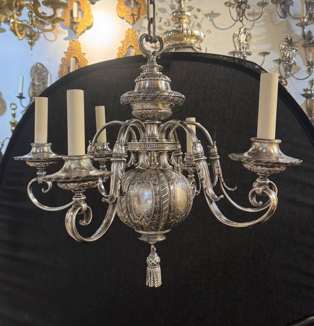 1900 Caldwell Silver Plated Engraved Small Chandelier 6 lights For Sale 2