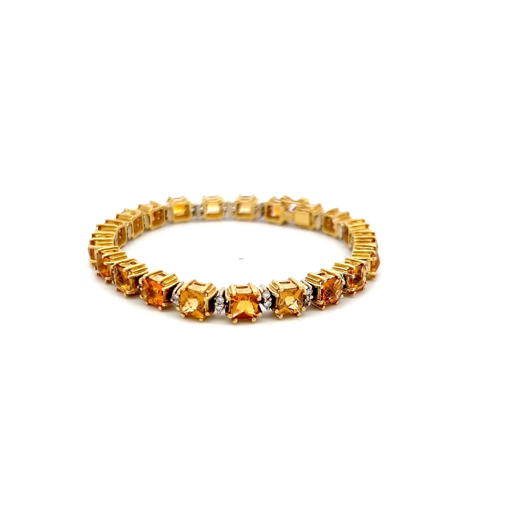 Round Cut 19.00 Carat Citrine 0.70 Carat Round Brilliant Diamond 18K YG Tennis Bracelet For Sale