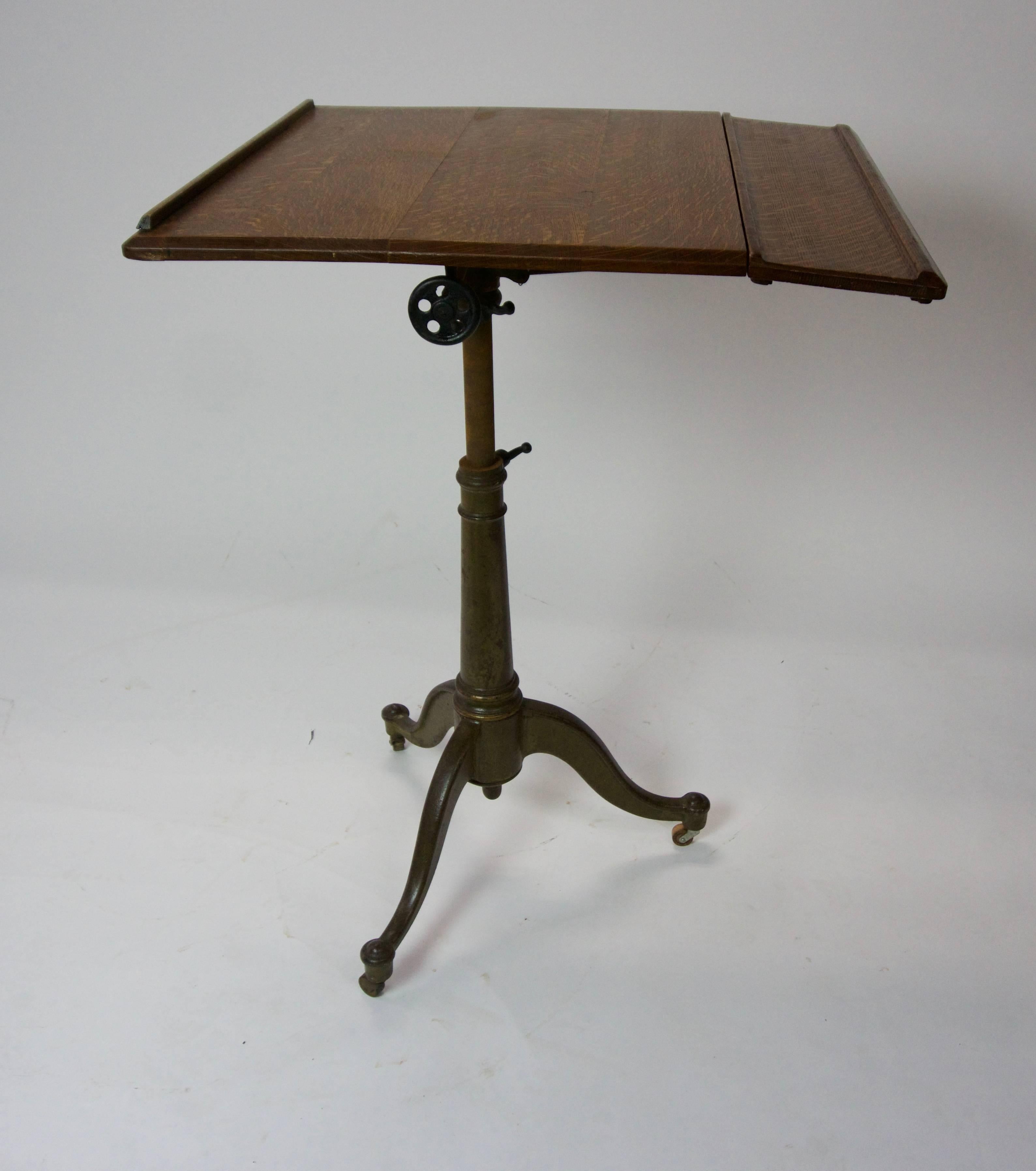 American 1900 Cast Iron Oak Top Drafting Table/Stand For Sale
